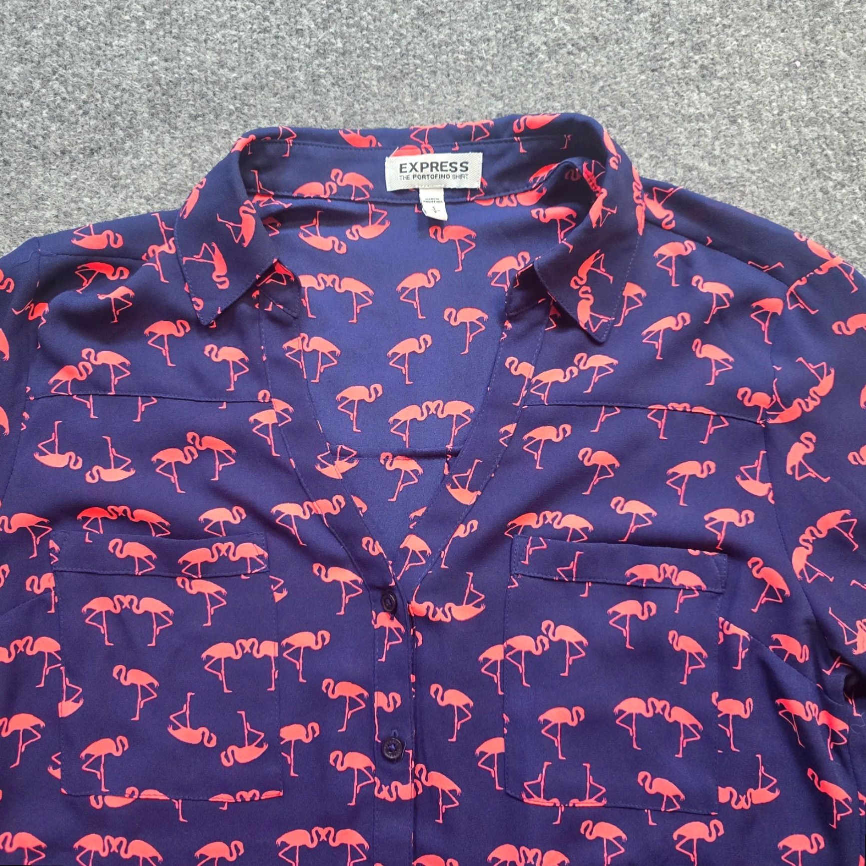 Express Express Top Women Small Blue Flamingo Portofino Sheer Long Sleeve Career Blouse Size S / US 4 / IT 40 - 2 Thumbnail