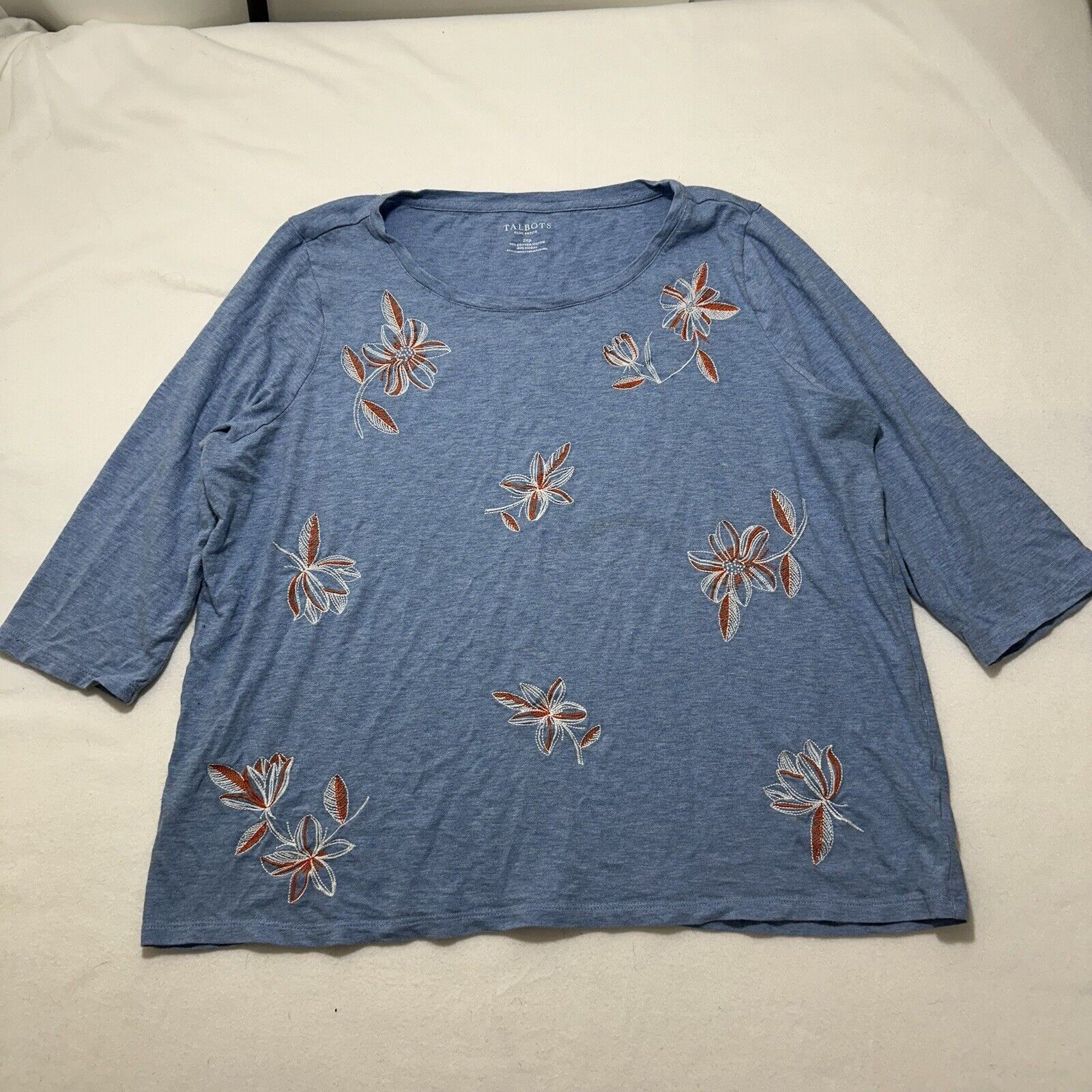 Other Talbots 2XP Blue Floral 3/4 Sleeve T Shirt Embroidered Size XXL / US 16-18 / IT 52-54 - 1 Thumbnail
