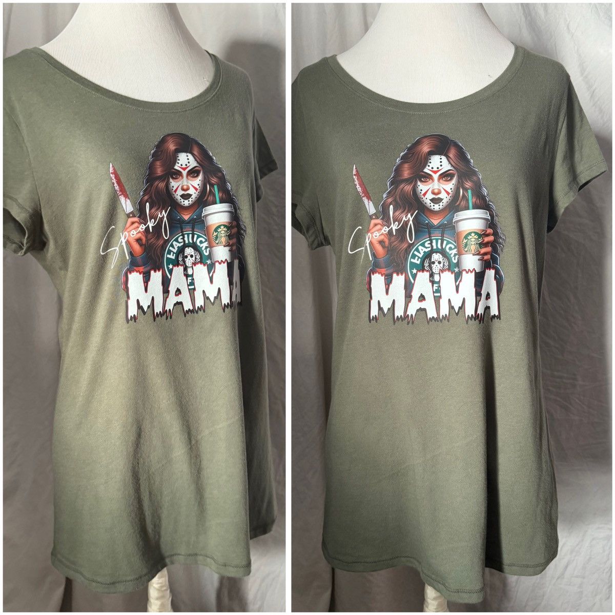 Vintage Spooky Mama, Coffee & Halloween Theme, Retro Fitted Tee Size L / US 10 / IT 46 - 4 Thumbnail