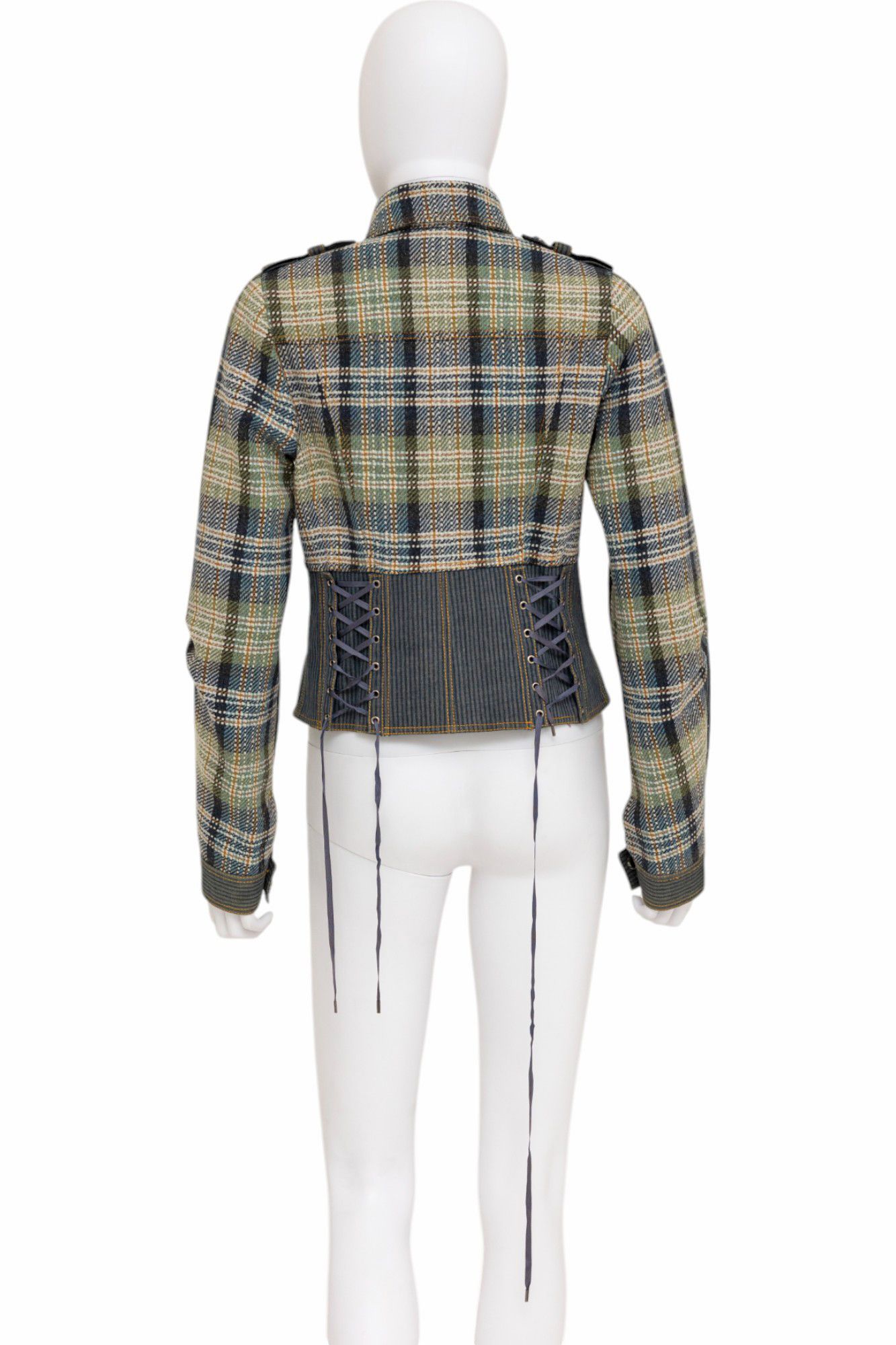John Galliano Spring 2005 Chequered Bondage Green and Blue Silk Jacket Size M / US 6-8 / IT 42-44 - 4 Thumbnail