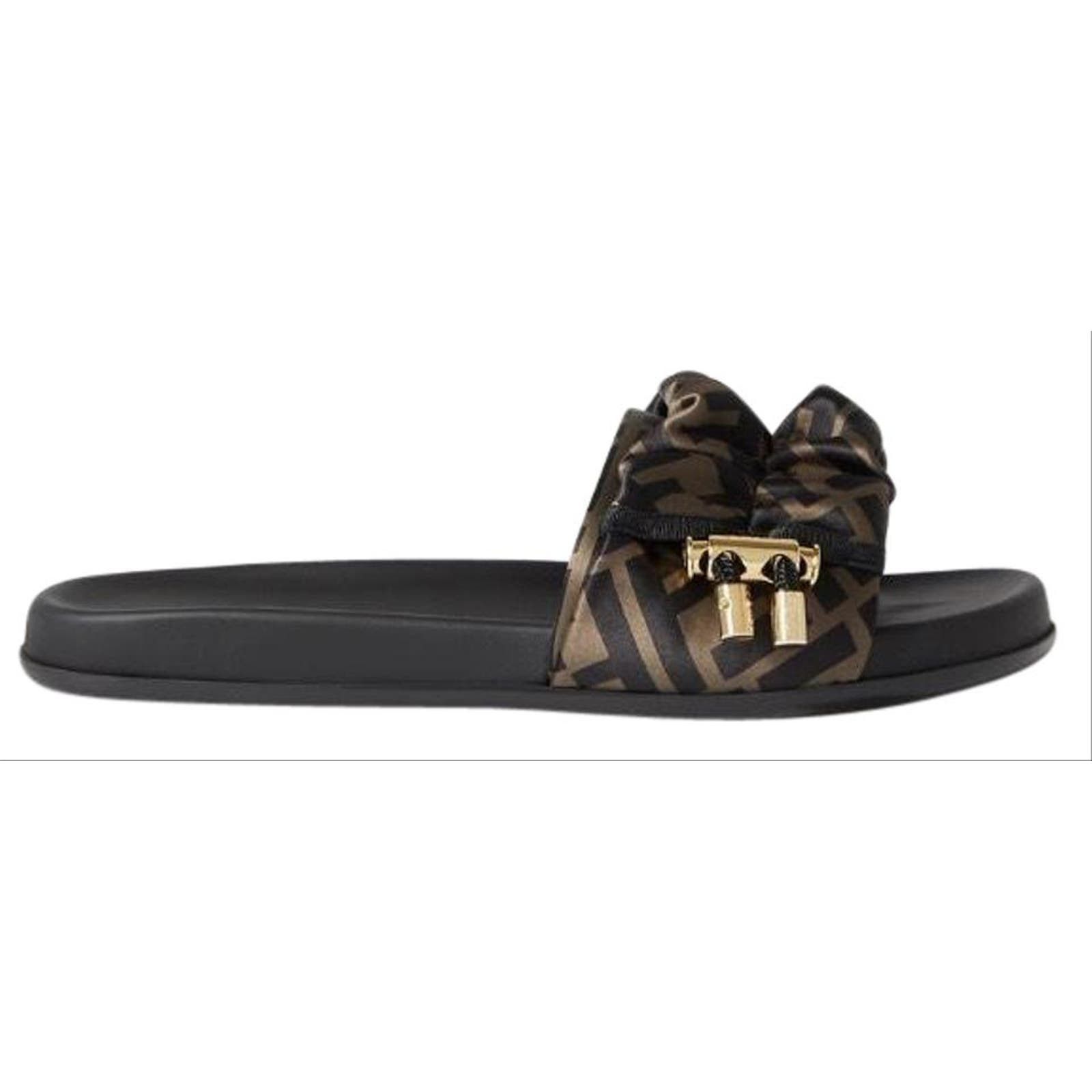 image of Fendi Feel Ff Logo Ruched Satin Slides 38 in Brown, Women's