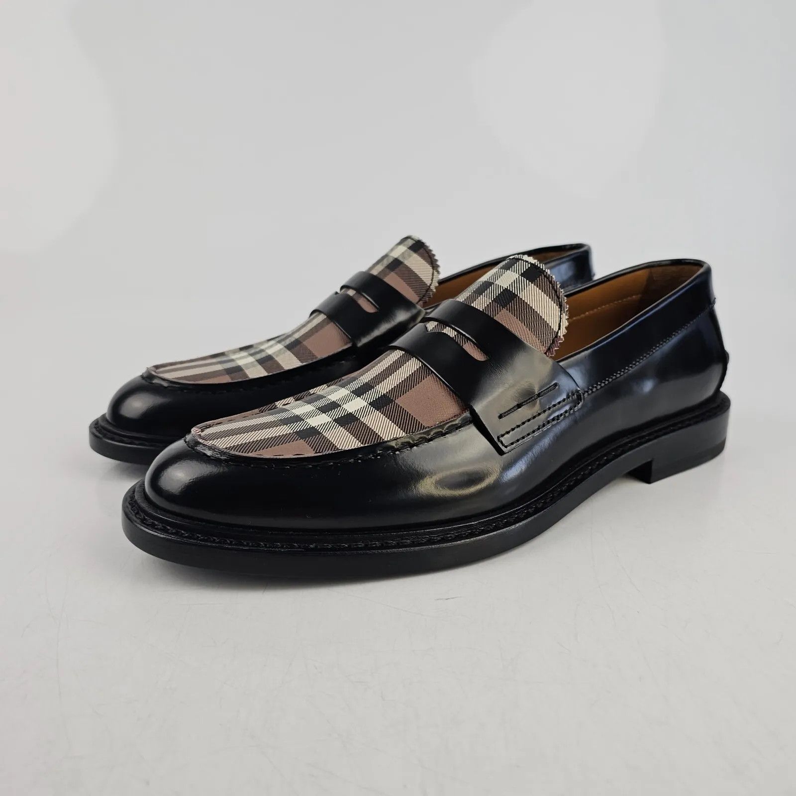 image of Burberry Shane Black Checkered Leather Penny Loafers New, Men's (Size 7)