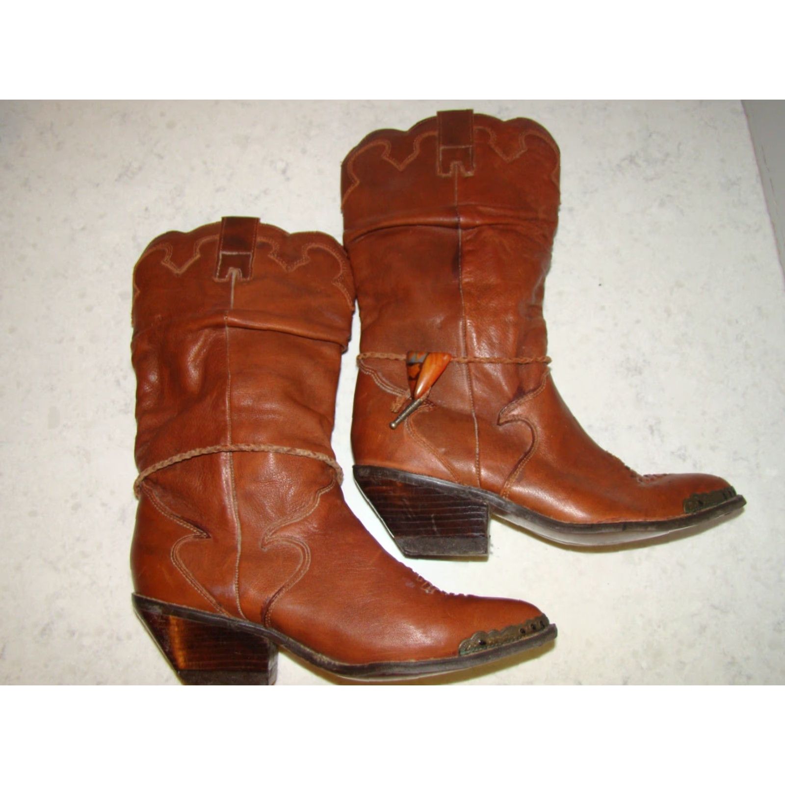 Vintage VINTAGE Zodiac Boots Western Slouch Bolo Tie Toe Cap Brown Leather Women Medium 9M Size ONE SIZE - 7 Thumbnail