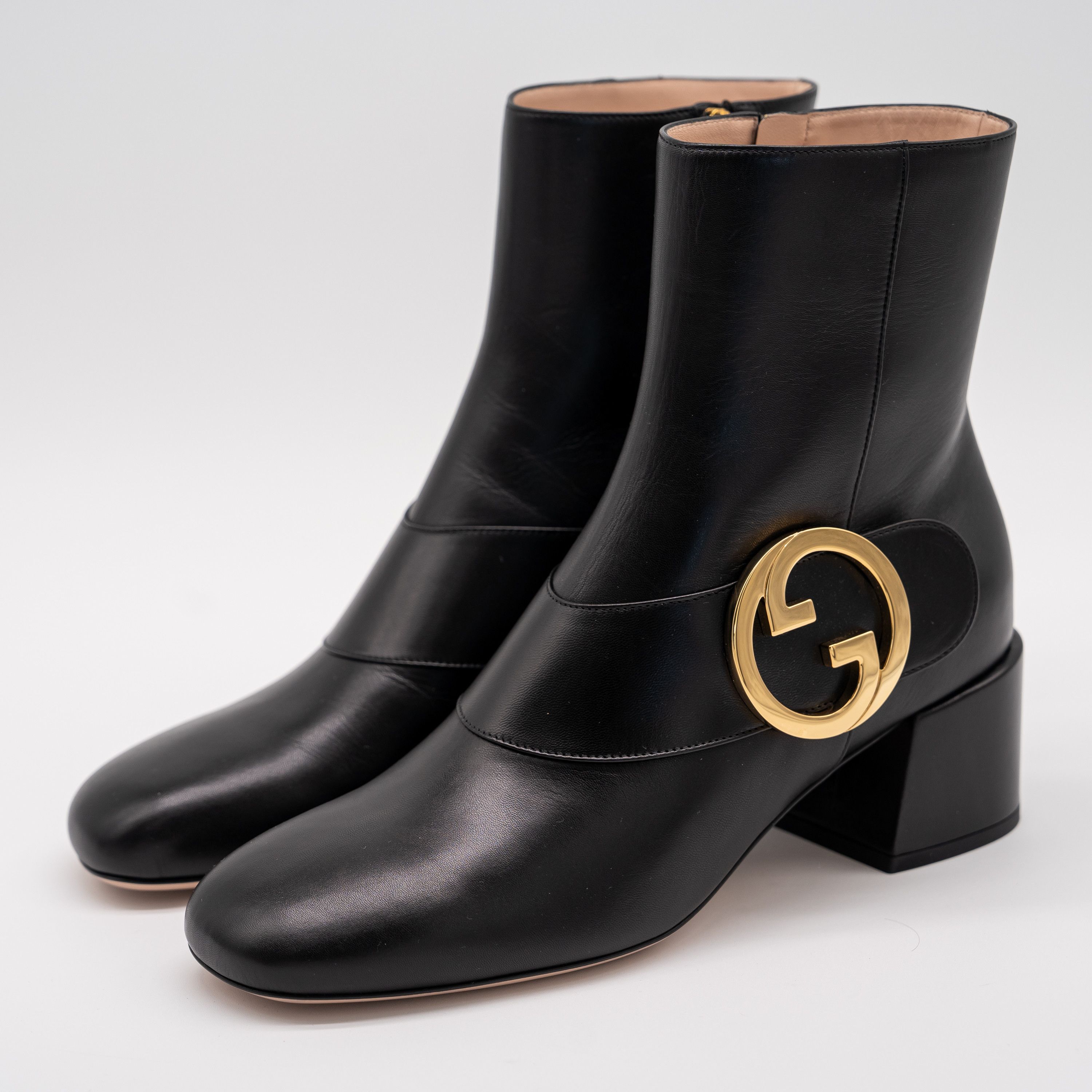 41G 11 US Gucci GG Blondie Black Leather Ankle Boots Gold