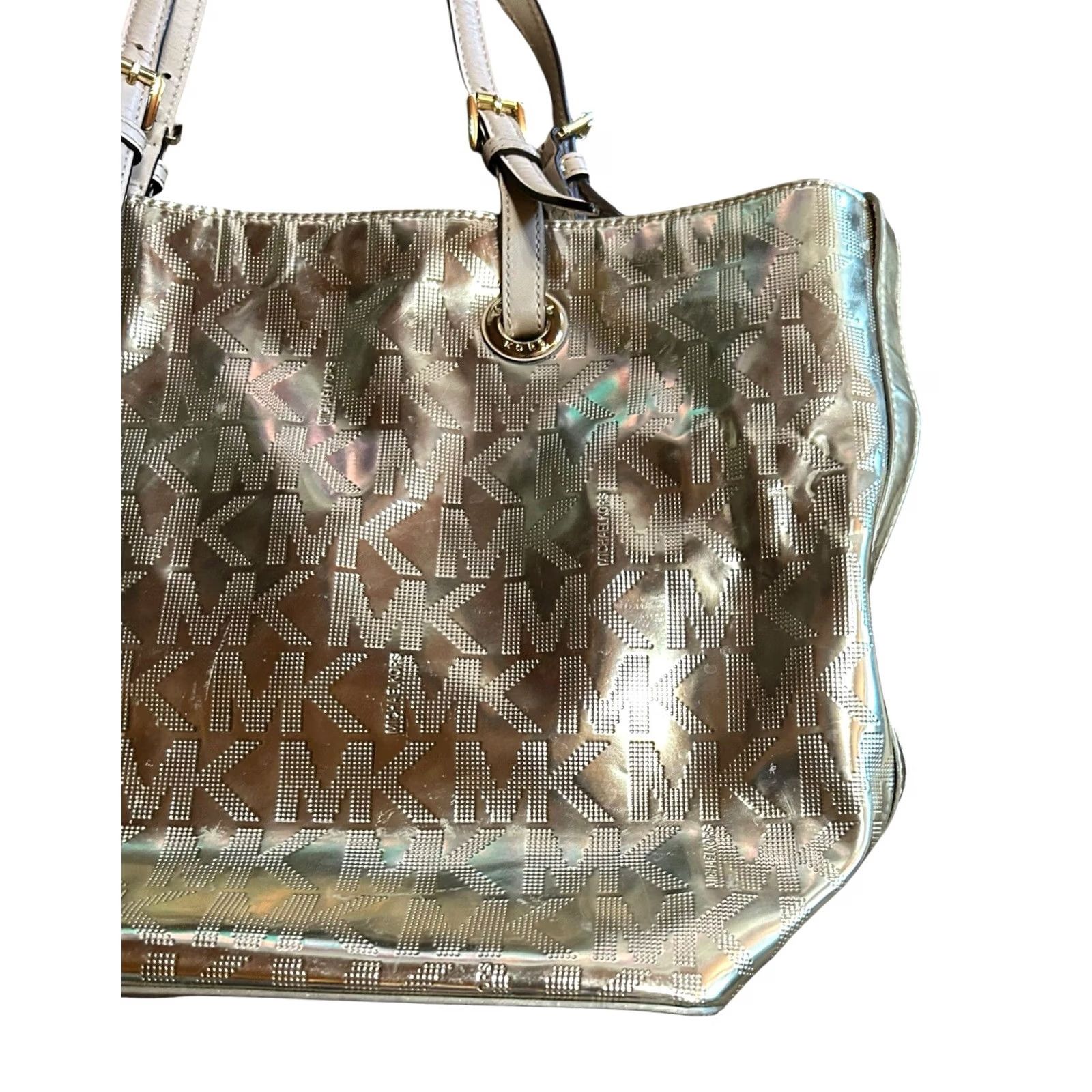 Vintage Michael Kors Gold Metallic MK Logo Tote Large ShoulderBag Purse W/Dust Cover See Size ONE SIZE - 3 Thumbnail