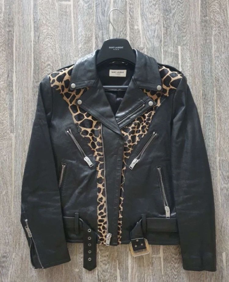 image of Saint Laurent Paris Saint Laurent Fw14 Leopard Printed Leather Biker Jacket Hedi in White (Size Med