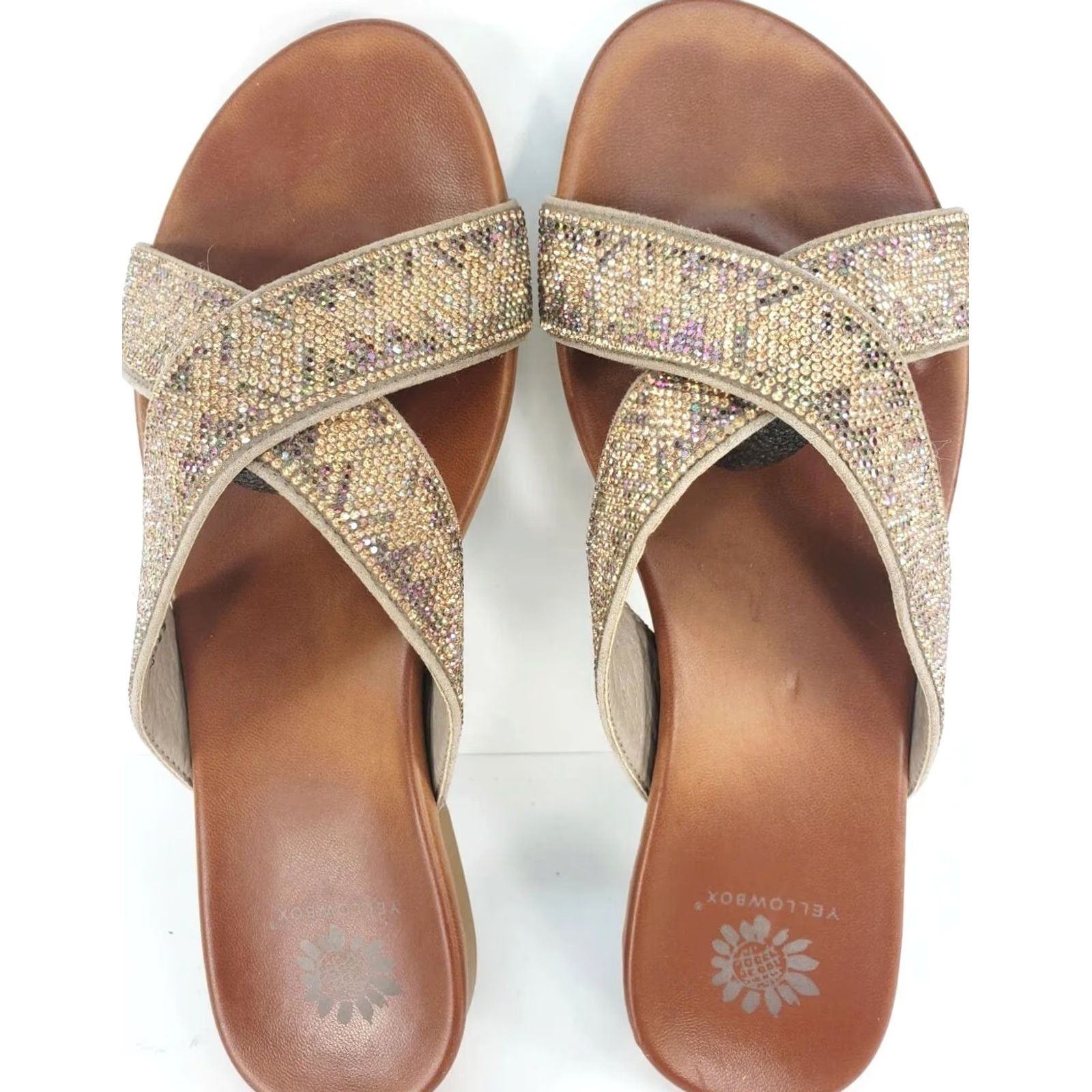 Vintage Yellow Box Bali Womens Slides 7.5 Gold Rhinestone Blingy X-Cross Front Shoes Womens Medium Gold Rhinestone Blingy X-Cross Front Size US 8 / IT 38 - 6 Thumbnail
