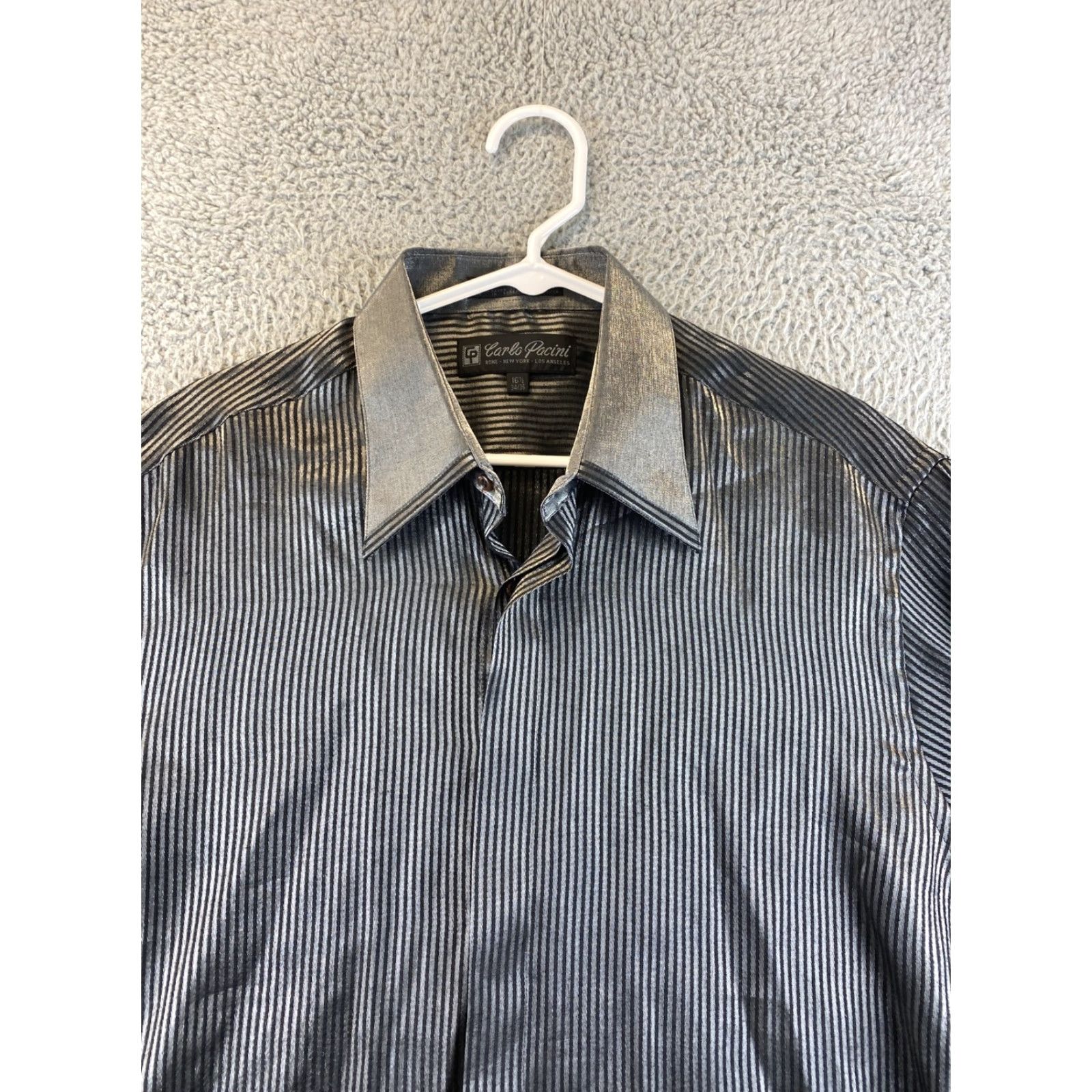 Vintage VINTAGE Carlo Pacini Shirt Mens 16.5 34/35 Metallic Silver Pleat Cuff French Cuff Spread 88-23 Size US L / EU 52-54 / 3 - 4 Thumbnail