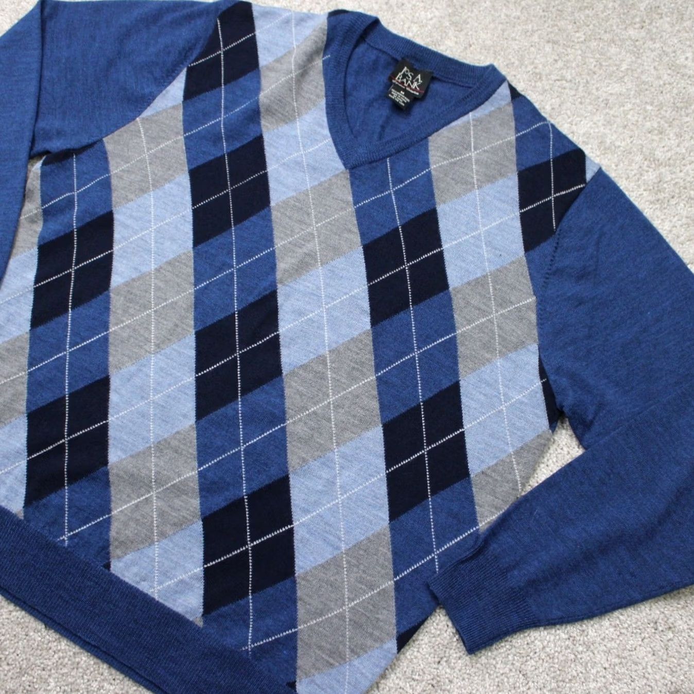 Jos. A. Bank Jos. A. Bank Sweater Mens Medium Blue Argyle 100% Merino Wool V-Neck Pullover Size US M / EU 48-50 / 2 - 2 Thumbnail