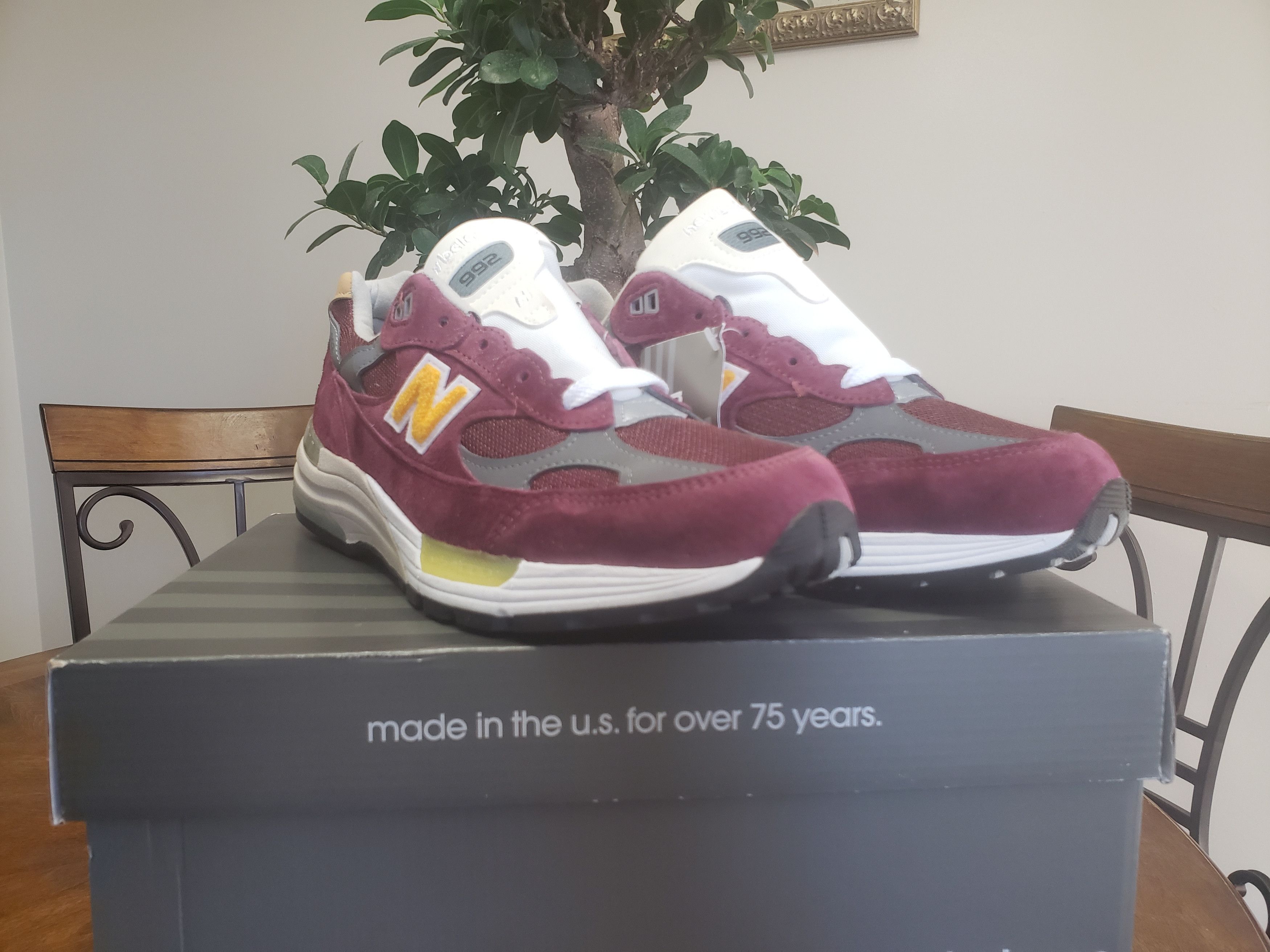 image of New Balance 992 Burgundy Gold Shoes, Men's (Size 10.5)