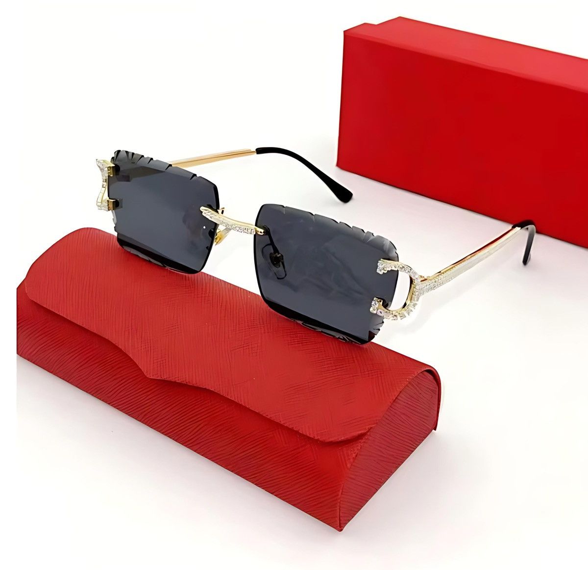 Luxury Diamond Cut Rimless Sunglasses Gold Black Lens