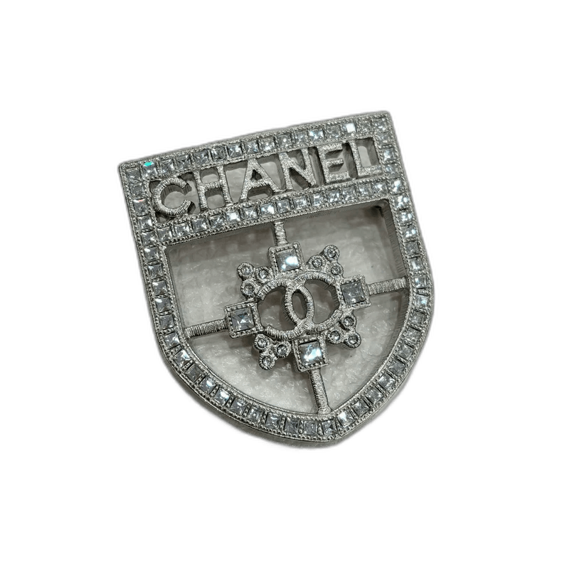 Chanel Silver Rhinestone Shield Brooch