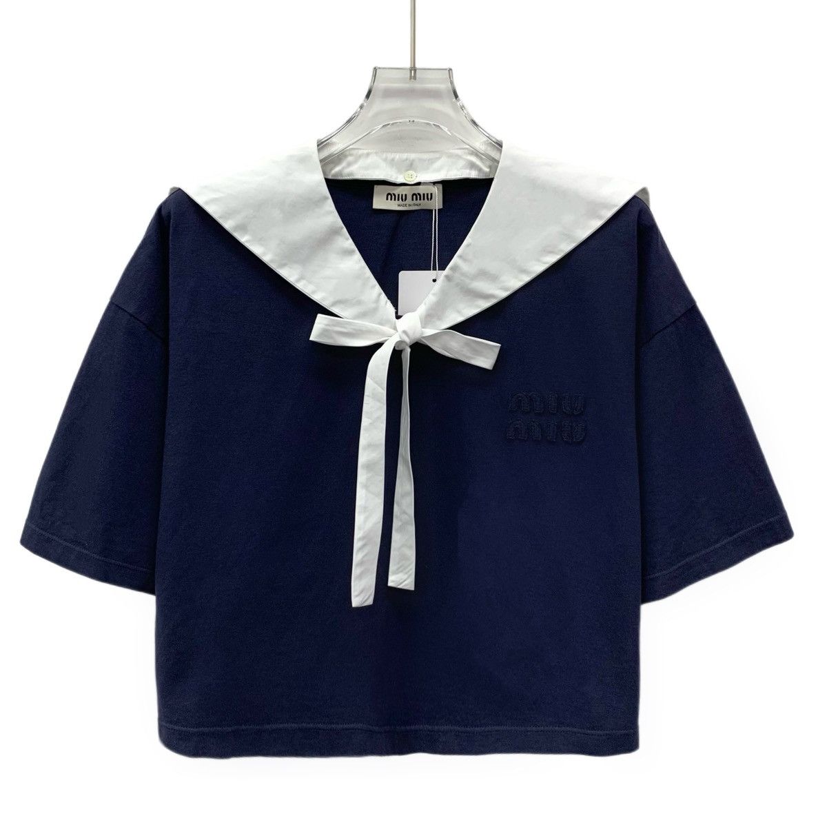 Miu Miu Miu Miu 22 Navy Logo Cotton Lace-Up Bow T-Shirt Size S / US 4 / IT 40 - 1 Thumbnail