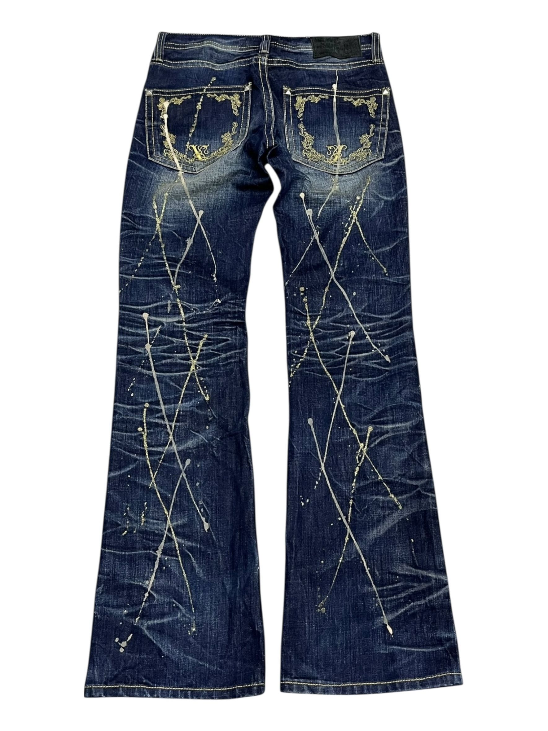 Japanese Brand 🔥RARE XFRM Gold Splatter Studded Flare Rockstar Denim Size US 27 - 2 Thumbnail