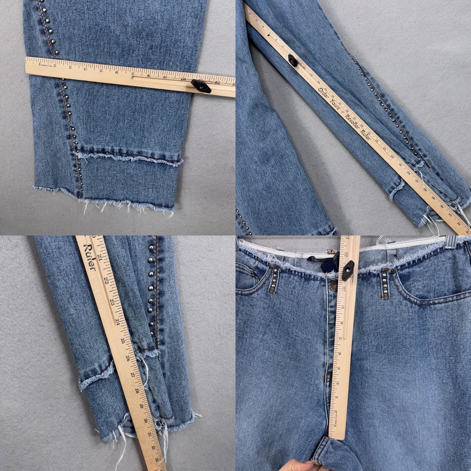 Denime Vintage Venezia Jeans Women 18 Blue High Rise Wide Leg Studded Fringe Crop Denim Raw Hem Size 40" / US 18 - 9 Thumbnail