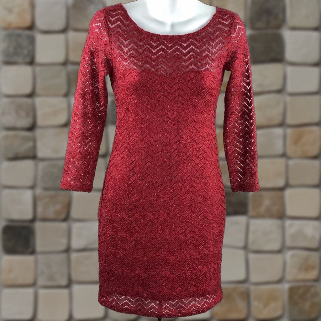 Vintage VINTAGE Jump Apparel Dress 1/2 Red Metallic Lace Crochet Plunge  Back 3/4 Sleeve Sheath Y2K Mini Vintage Dress | Grailed