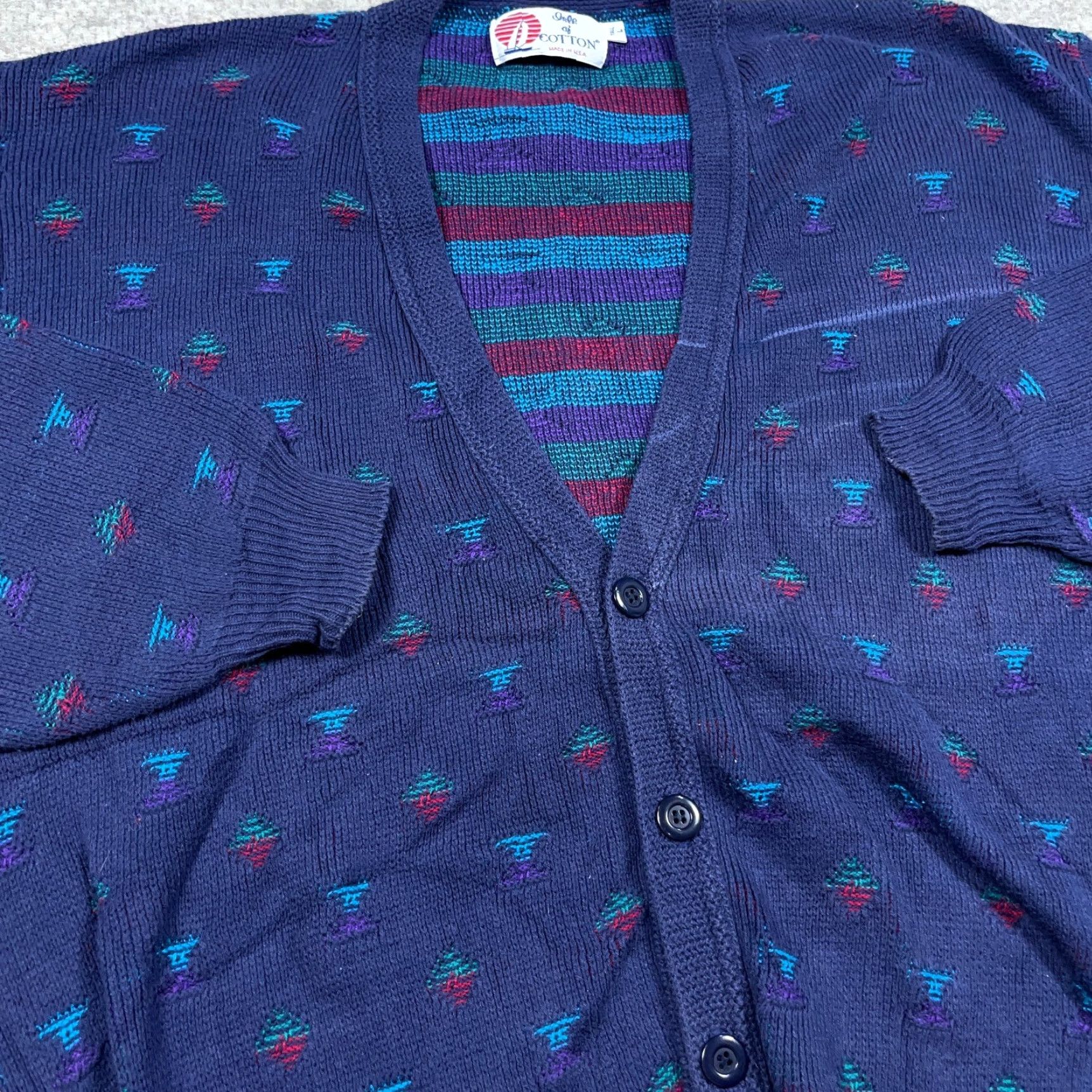 Vintage VINTAGE Isle Of Cotton Cardigan Sweater Men Large Blue Geometric Grandpa USA Cardigan Knit: 90s Modern Preppy American 80s Size US L / EU 52-54 / 3 - 4 Thumbnail