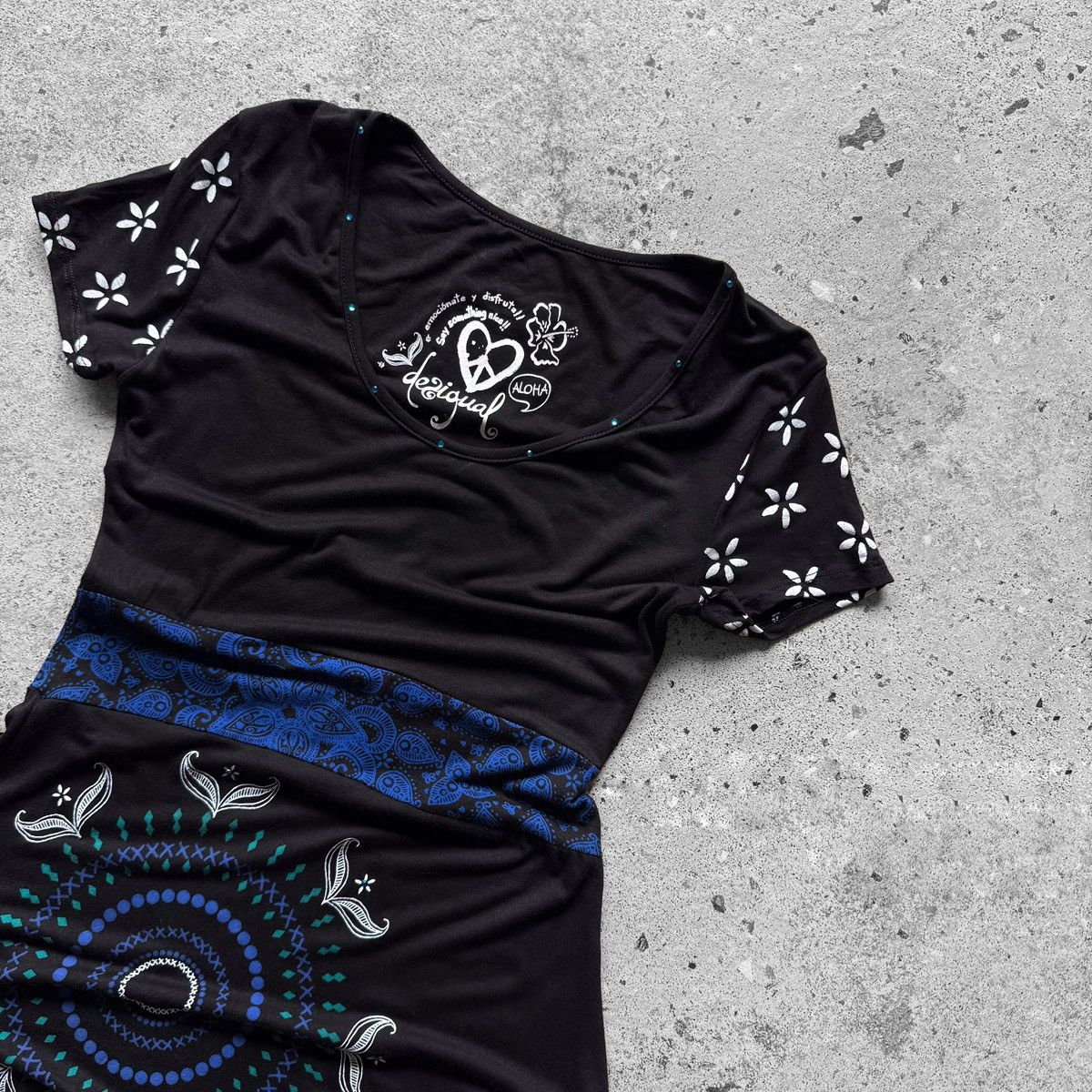 Desigual Desigual Black Blue Floral Boho Dress Short Sleeve Stretchy Size M / US 6-8 / IT 42-44 - 3 Thumbnail