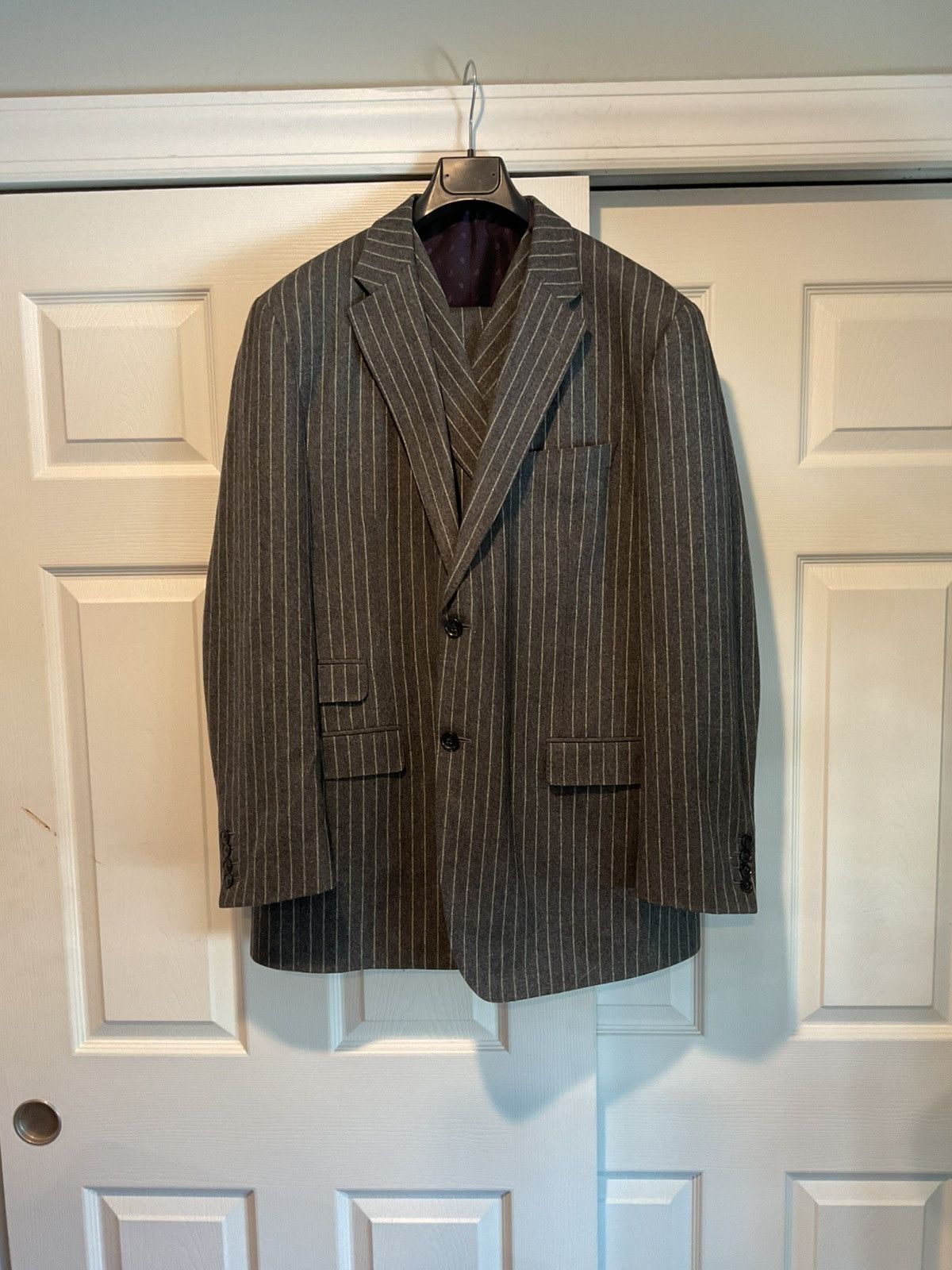 Samuelsohn SAMUELSOHN Super 100’s Gable Wool 3 Pc Gray Pinstripe Suit Size 46L - 4 Thumbnail