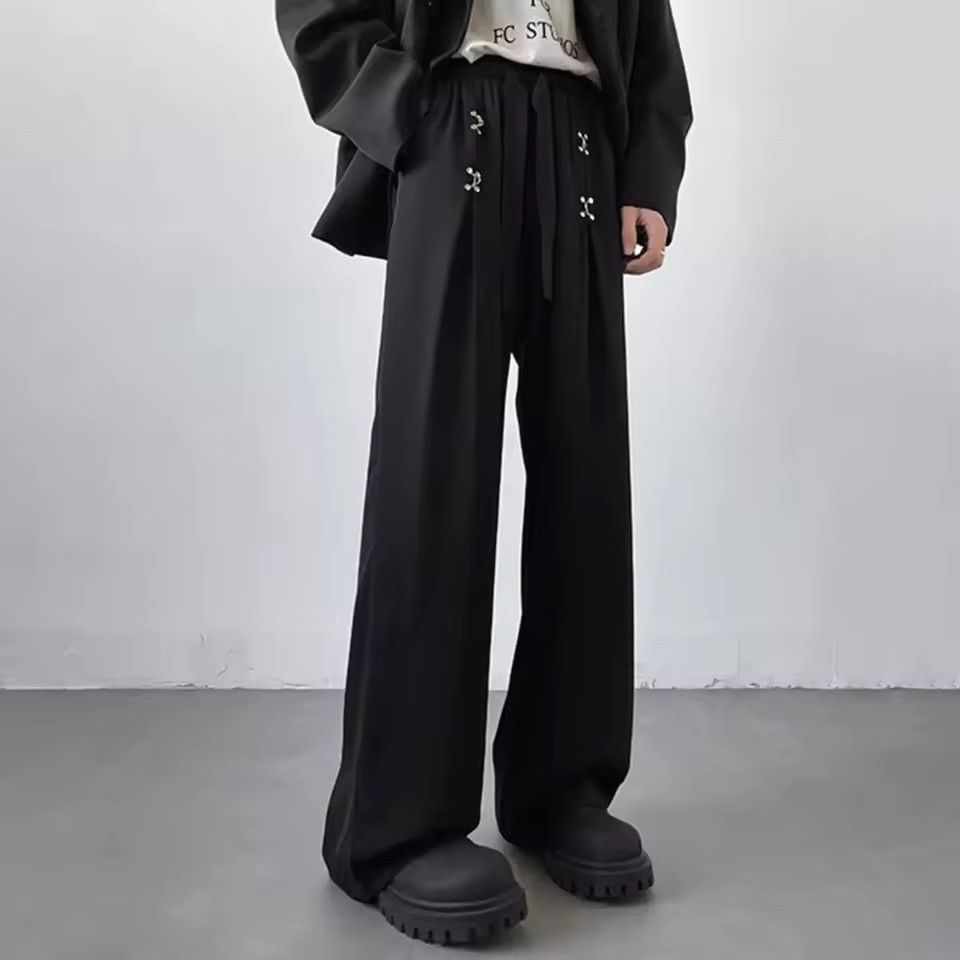 Japanese Brand Black Wide-Leg Pants – Drawstring Waist with Cross Detailing Size US 28 / EU 44 - 1 Thumbnail