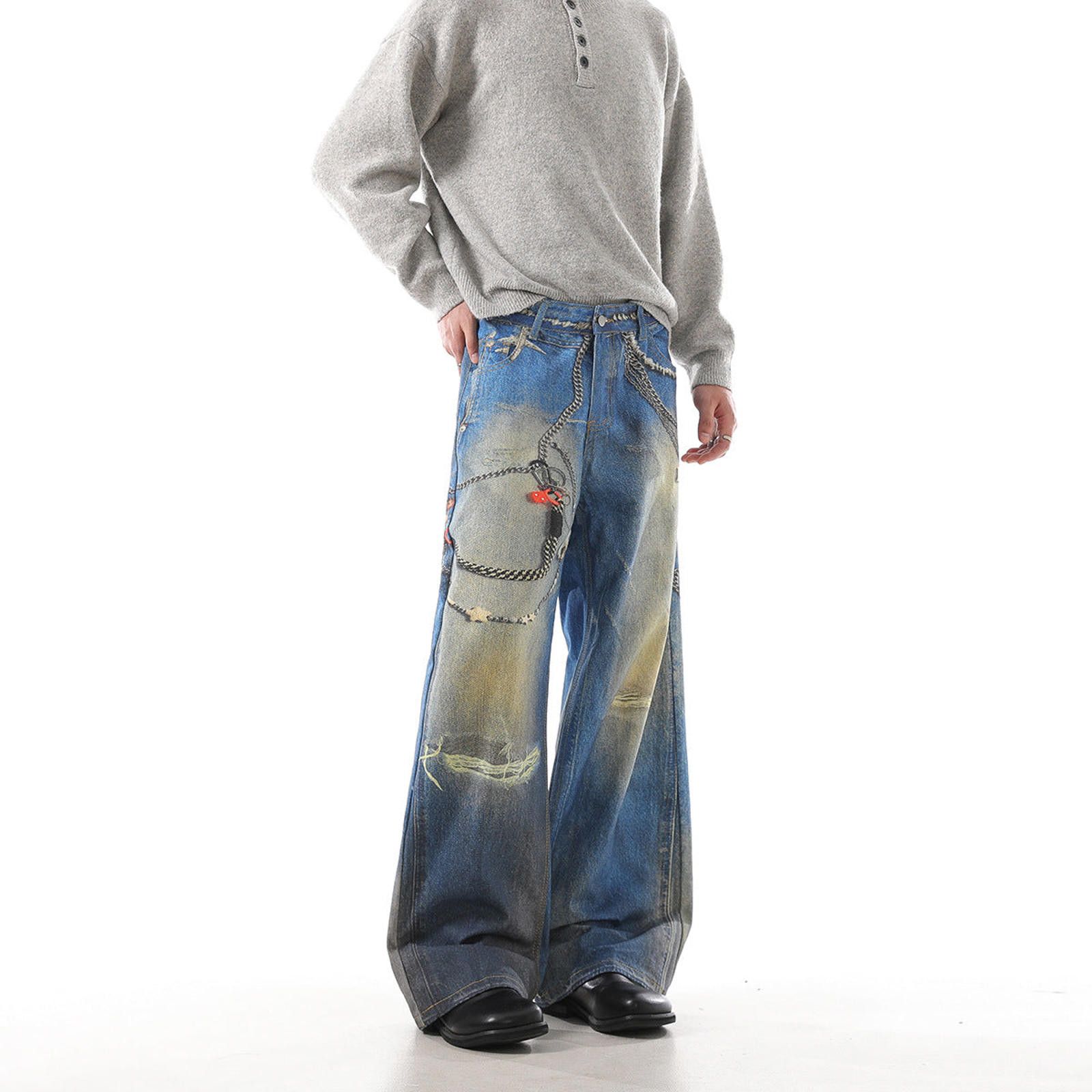 Japanese Brand Blue Distressed Wide Leg Denim Jeans, Baggy Fit Jeans Size US 32 / EU 48 - 1 Thumbnail