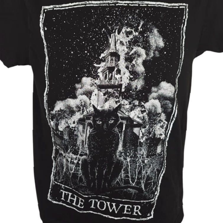 Vintage Mortus Viventi Shirt Mens Small Black Cat Tower Tarot Card Fortune Telling Made In USA Size US S / EU 44-46 / 1 - 2 Thumbnail