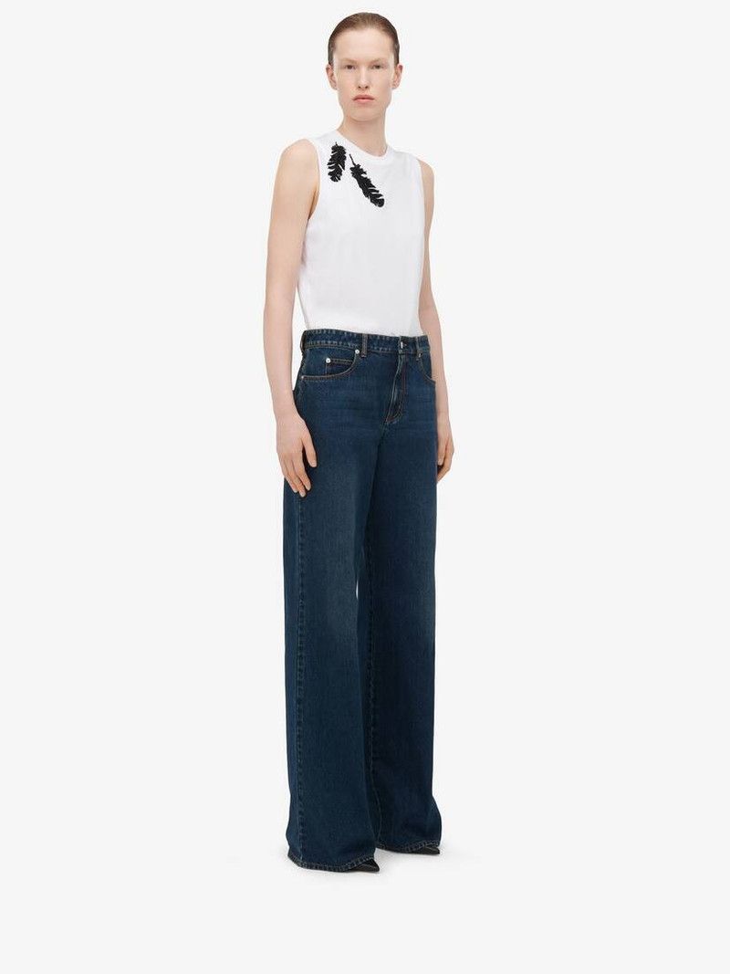Alexander McQueen o1srvl11e0326 Feather Embroidery Tank Top in Optical White Size XL / US 12-14 / IT 48-50 - 4 Thumbnail