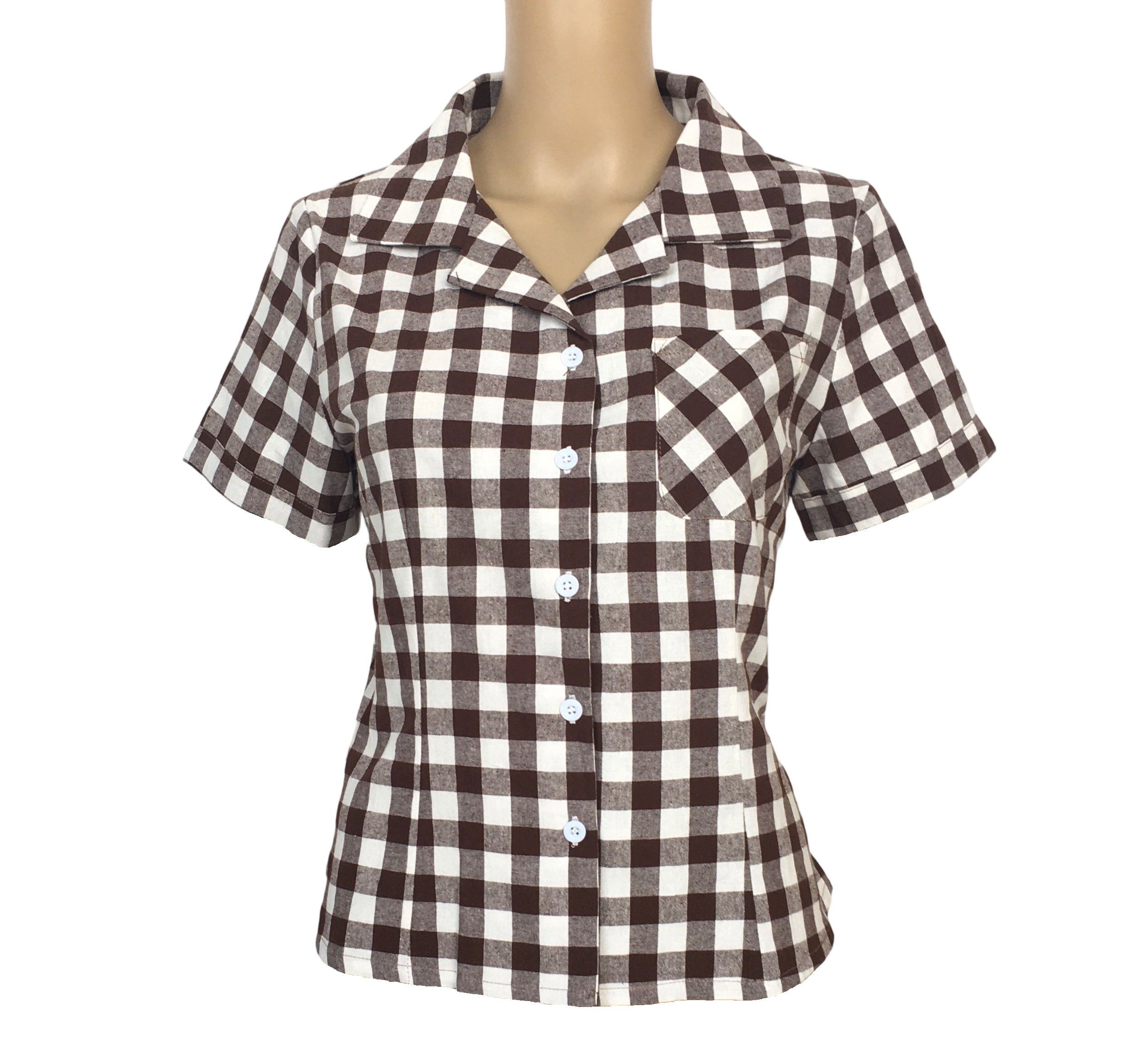 Other Women Blouse Khaki&White Checker Short Sleeves Vintage Shirt Size 3XL / US 20-22 - 1 Thumbnail