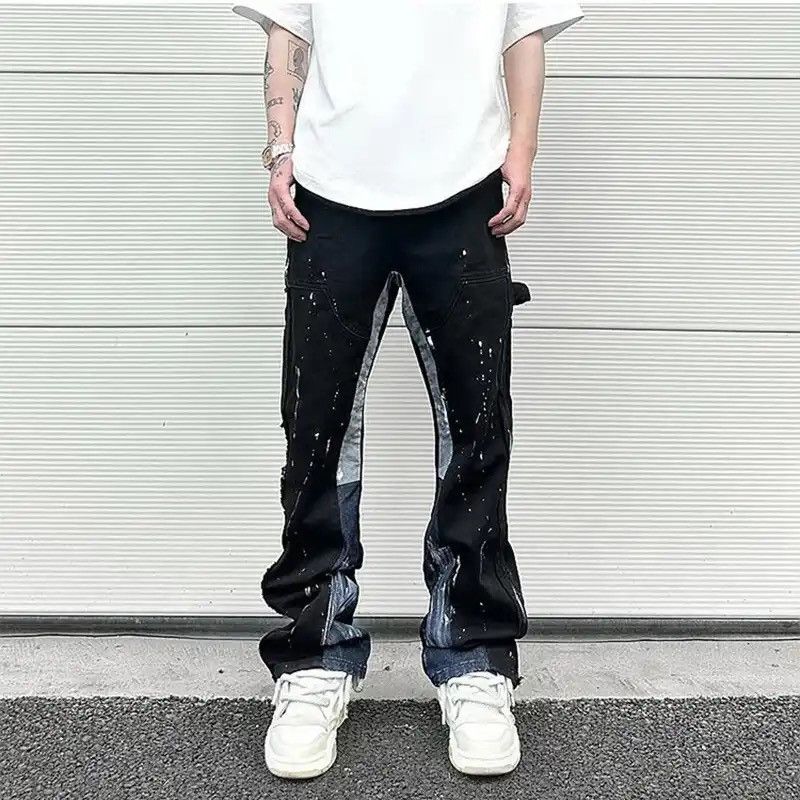Contrast Color Splice Speckled Ink Paint Micro Flared Jeans