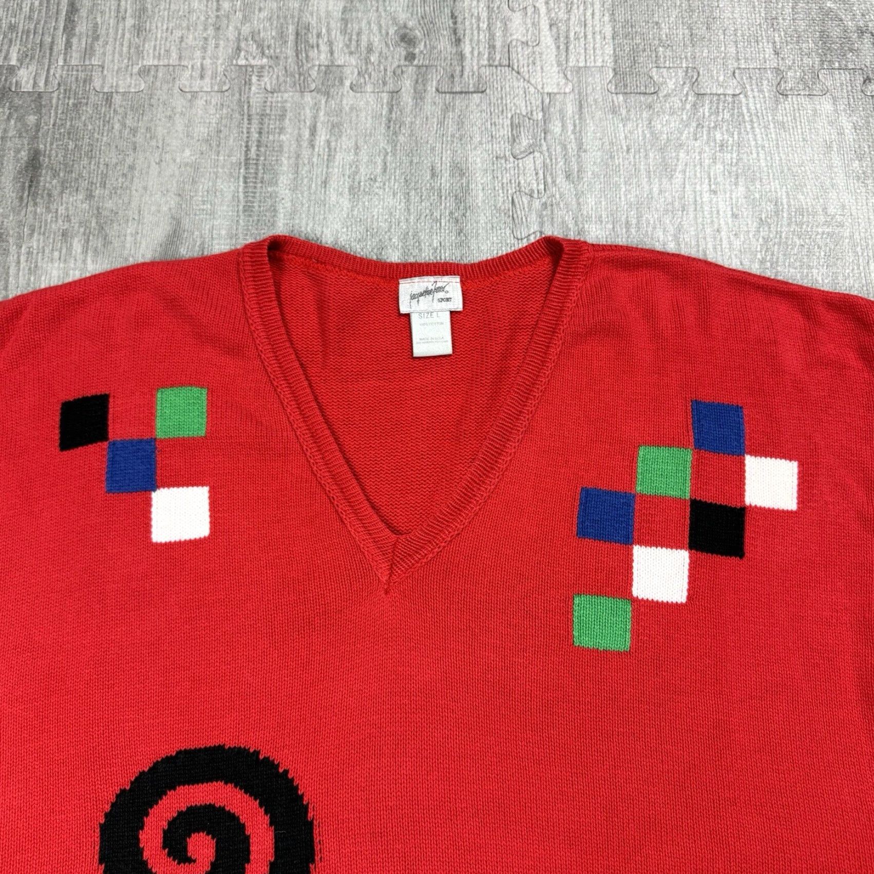 Vintage VTG 90s Jacqueline Ferrar Geometric Wool/Cotton Knit Dress Shirt Dress Womens L Red 1990s Abstract Geometric Casual Vintage Clothing Size L / US 10 / IT 46 - 2 Thumbnail