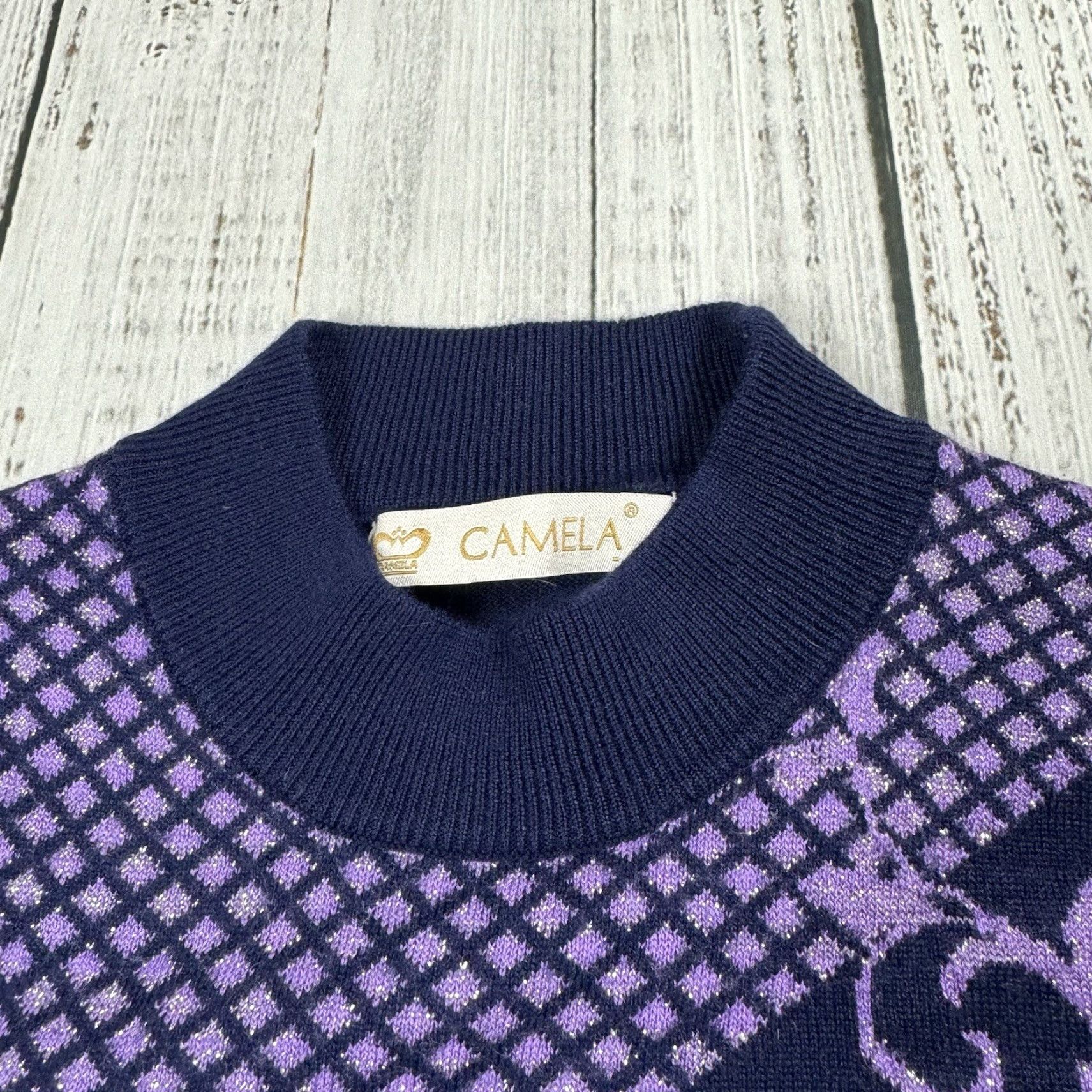 Camel VTG CAMELA 80S MOCK NECK SWEATER METALLIC NAVY PURPLE PULLOVER Size M / US 6-8 / IT 42-44 - 3 Thumbnail