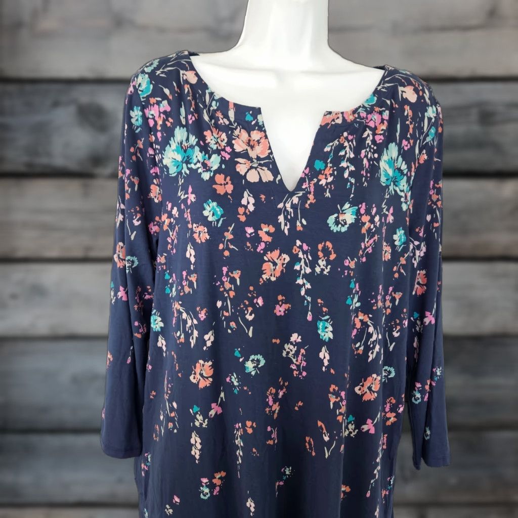 J. Jill J Jill Wearever Collection Blouse Womens Top L Blue Pink Floral 3/4 Sleeve VINTAGE Size L / US 10 / IT 46 - 1 Thumbnail