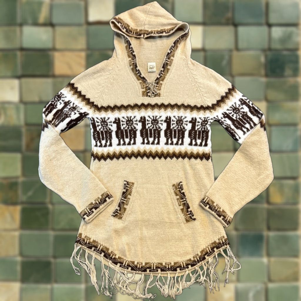 Vintage Artesania 100% Alpaca Hooded Pullover Sweater Long Sleeve Peru Small Womens Beige Vintage? Size S / US 4 / IT 40 - 1 Thumbnail