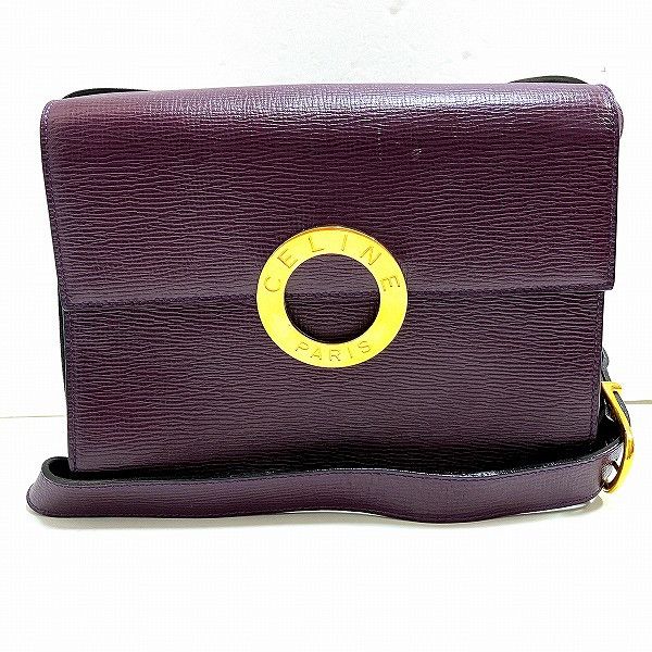 image of Celine Circle Logo Leather Shoulder Bag in Maroon, Women's