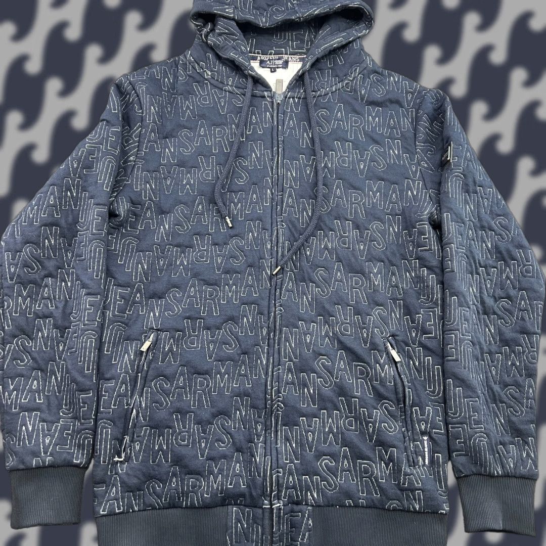Vintage Armani Jeans MEns Hoodie Full Zip Hooded AOP All Over Print Blue Large L Mens Shirt? Size US 33 - 1 Thumbnail