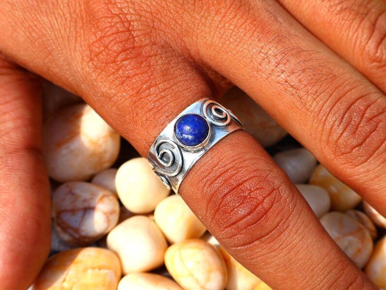 Handmade Lapis Lazuli Band Ring, Handmade Sterling Silver Ring Size ONE SIZE - 9 Thumbnail