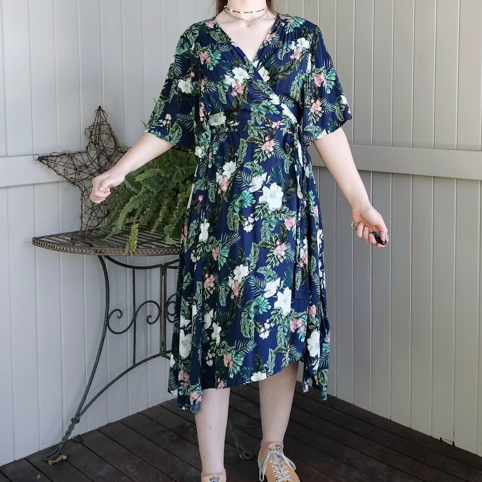 Designer Ivory Dress Floral Wrap Midi Bell Sleeve Ruffle Cocktail Size L / US 10 / IT 46 - 3 Thumbnail