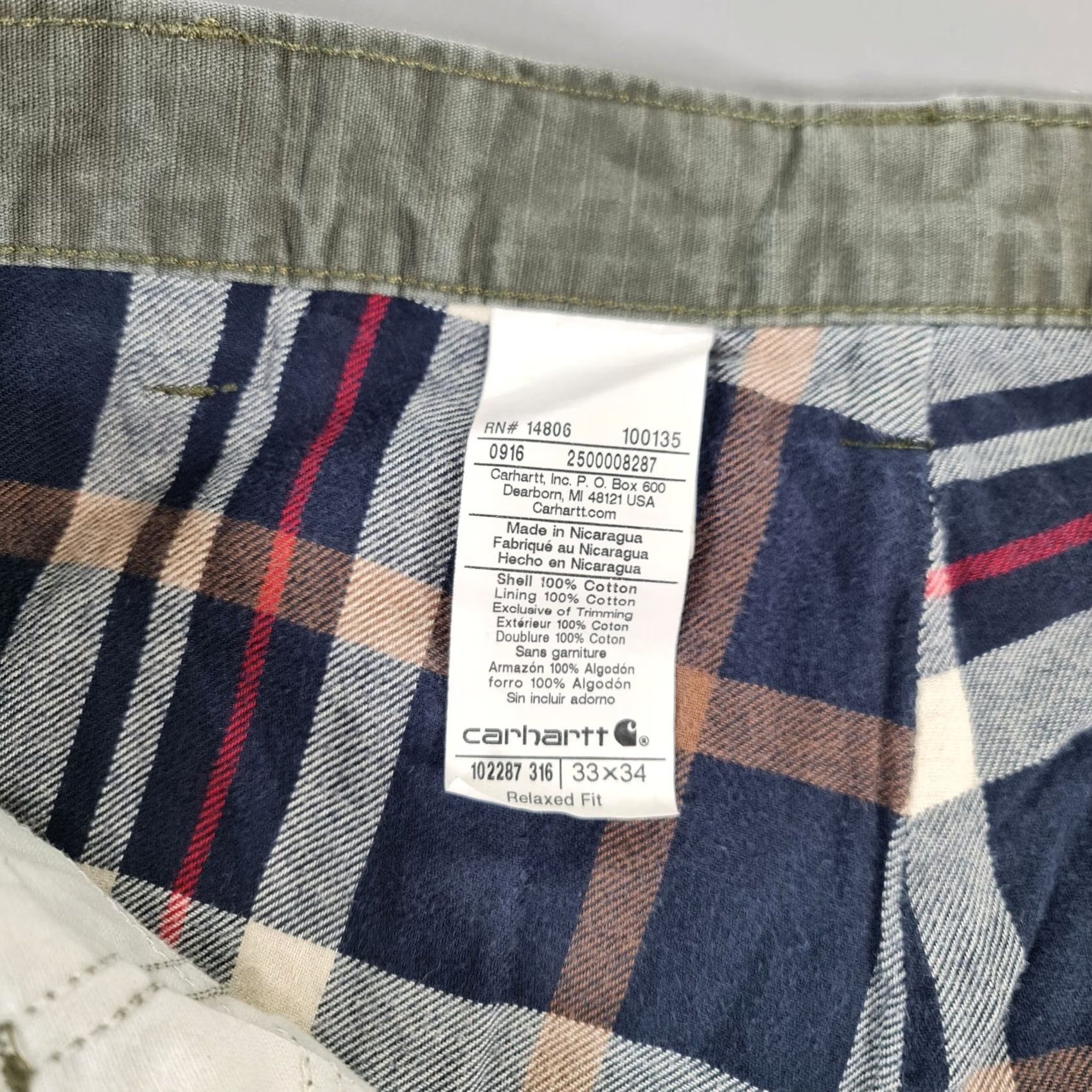 Carhartt Carhartt Mens Trousers Khaki Green Lined Cargo Pants 102287-316 W33 L34 Workwear Cotton Canvas Zip Front Pleated Straight Relaxed Regular Mens Size US 33 - 3 Thumbnail