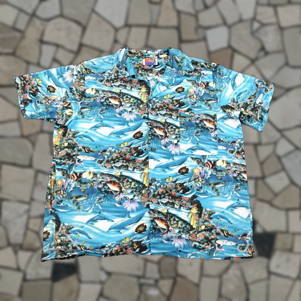 Vintage VINTAGE Dem Crazy Shirt Mens Medium Blue Hawaiian Ocean Sea Life Aloha Camp Fish Graphic Print Button-Up Short Sleeve Size US M / EU 48-50 / 2 - 1 Thumbnail