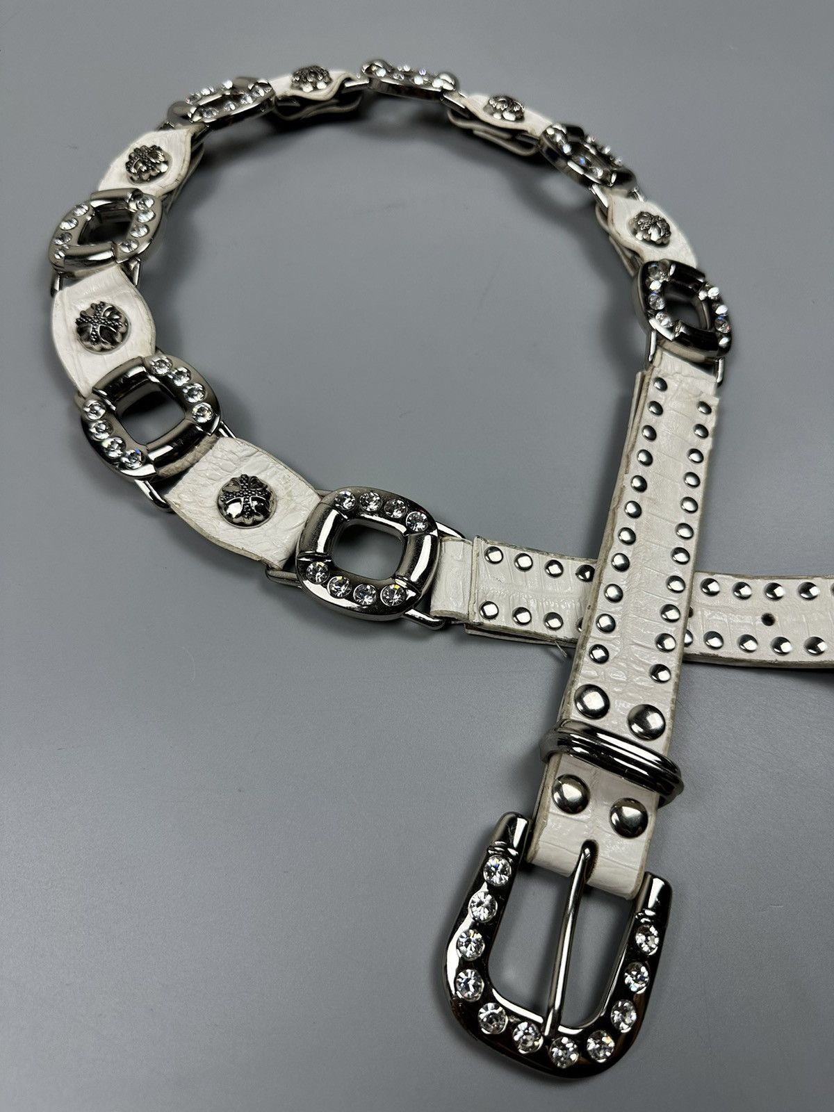 If Six Was Nine Rare Chrome Hearts Inspired White Leather Diamond Studs Belt Size 34 - 9 Thumbnail