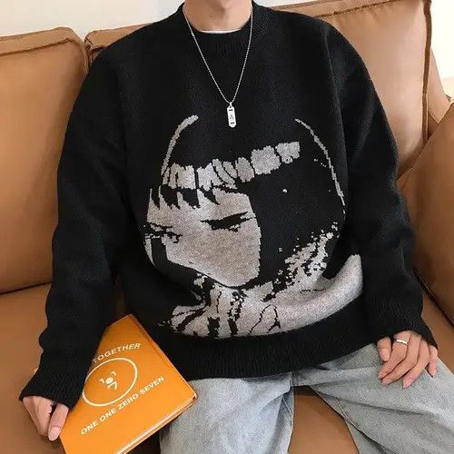 image of Vintage Harajuku Handsome Pullover Sweater Oversized Japanese Anime in Black, Women's (Size Small)