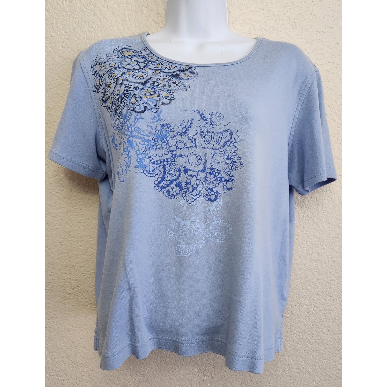 Other Classic Elements Blue Floral Round Neck Top Large Stretch Size L / US 10 / IT 46 - 1 Thumbnail