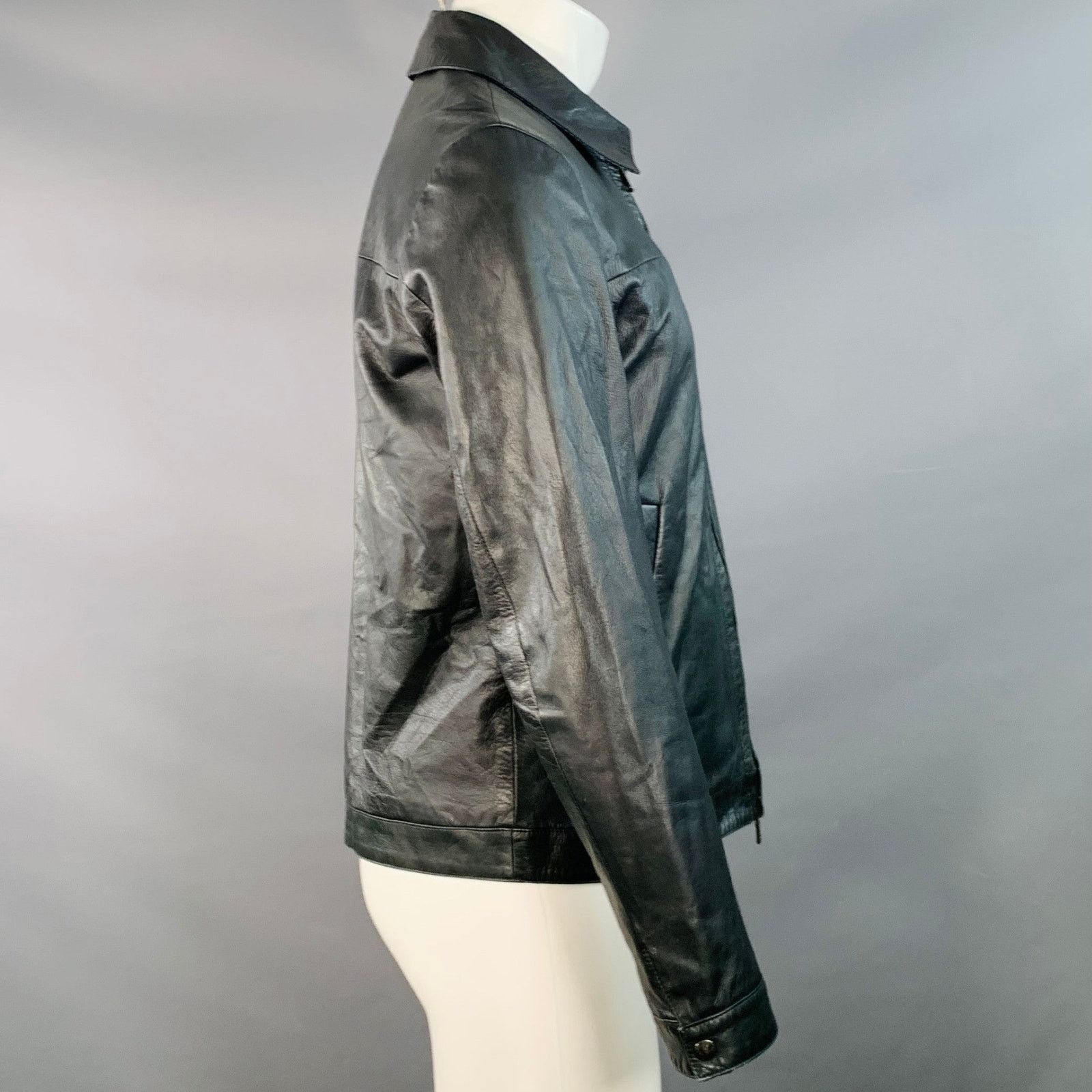 Isaia Black Blue White Reversible Zip Up Lambskin Leather Jacket Size US M / EU 48-50 / 2 - 3 Thumbnail