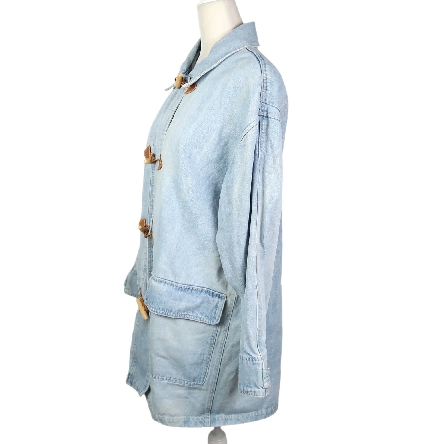 Denime VINTAGE Forenza Denim Jacket Boot? 90s Bohemian Light Wash Toggle Button Mid-Length Women M Blue Denim Jacket Size 32" / US 10 / IT 46 - 3 Thumbnail