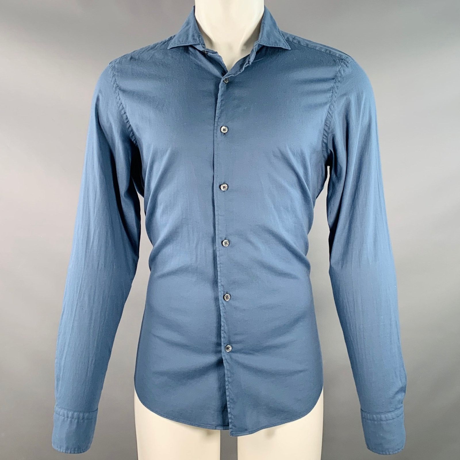 FEDELI M Blue Cotton Blend Spread Collar Long Sleeve Shirt