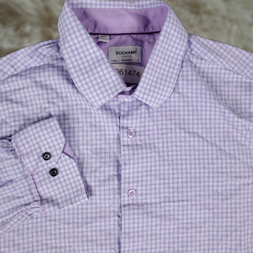 Vintage DUCHAMP Tailored Fit Dress Shirt Mens XL Long Sleeve Purple Check Classic Modern Size 46R - 1 Thumbnail