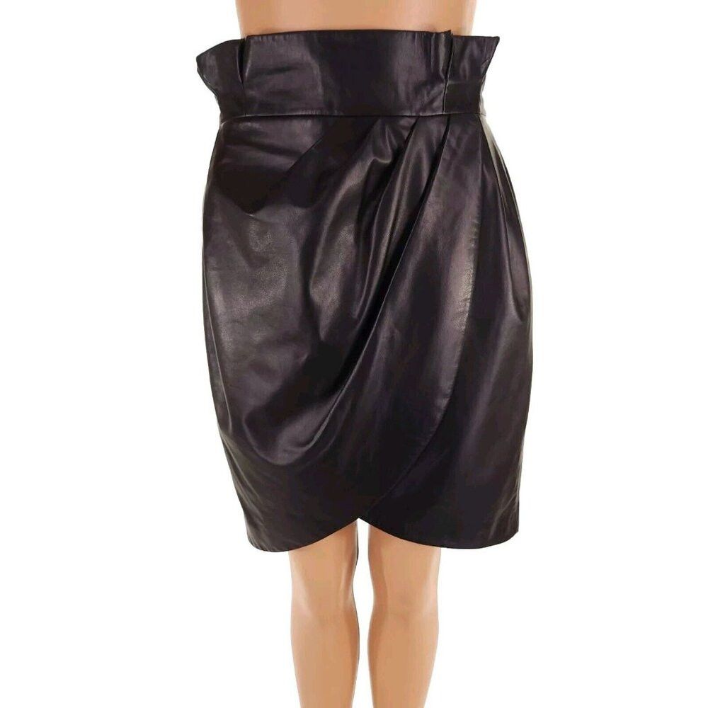 Versace Versace Wrap-effect Pleated Leather Mini Skirt Black IT 42 6 Size 28" / US 6 / IT 42 - 3 Thumbnail