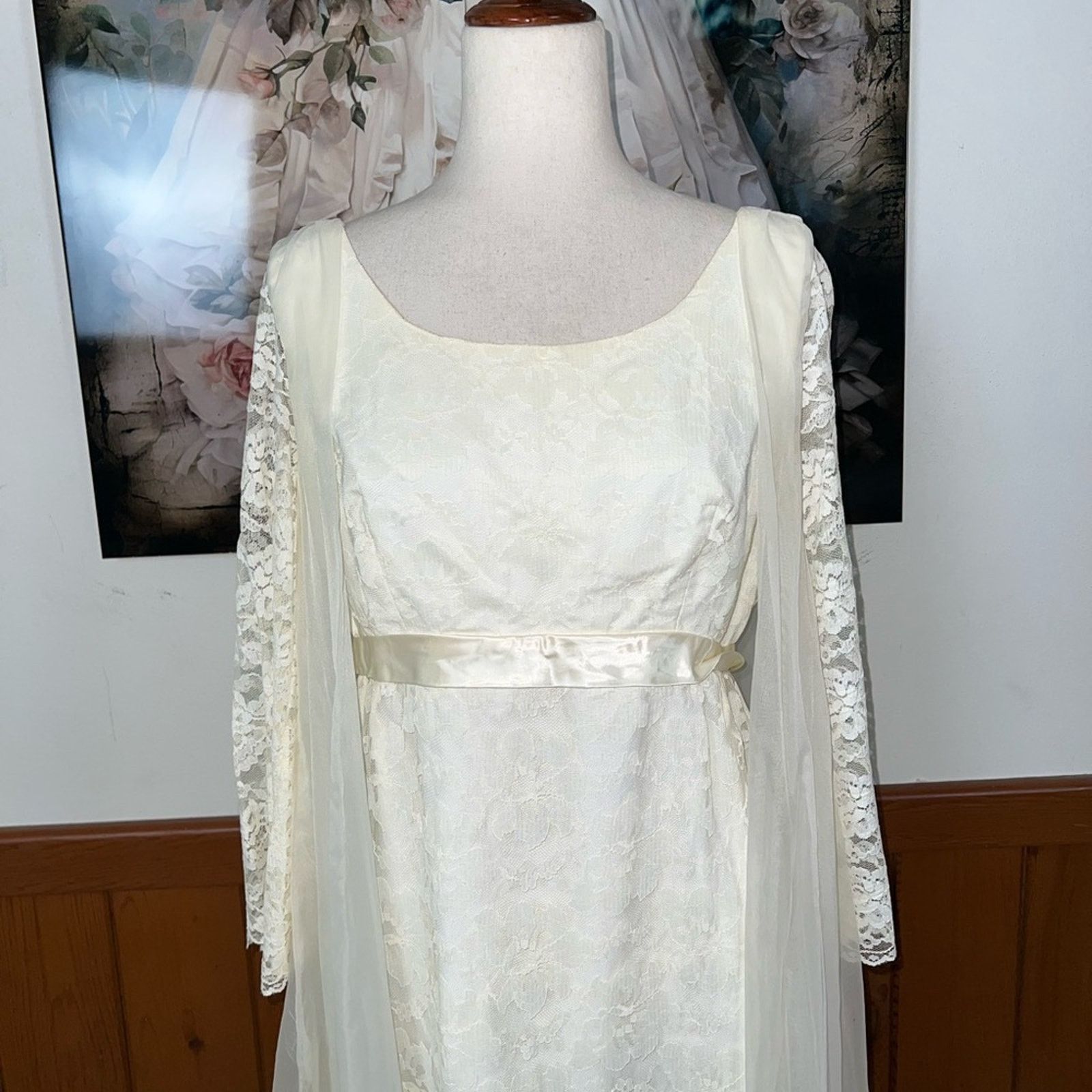 Vintage Beautiful Ethereal Union Made Chiffon & Lace Wedding Gown! Size XL / US 12-14 / IT 48-50 - 3 Thumbnail