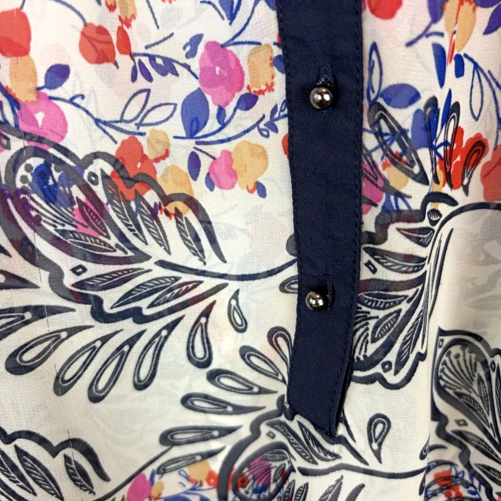 Vintage Daniel Rainn Boho Floral V-Neck Blouse, Small, Navy, Oversized, Sheer, Cotton, Button Top, Bohemian, Relaxed, Spring, Summer, Fall, Size S / US 4 / IT 40 - 5 Thumbnail