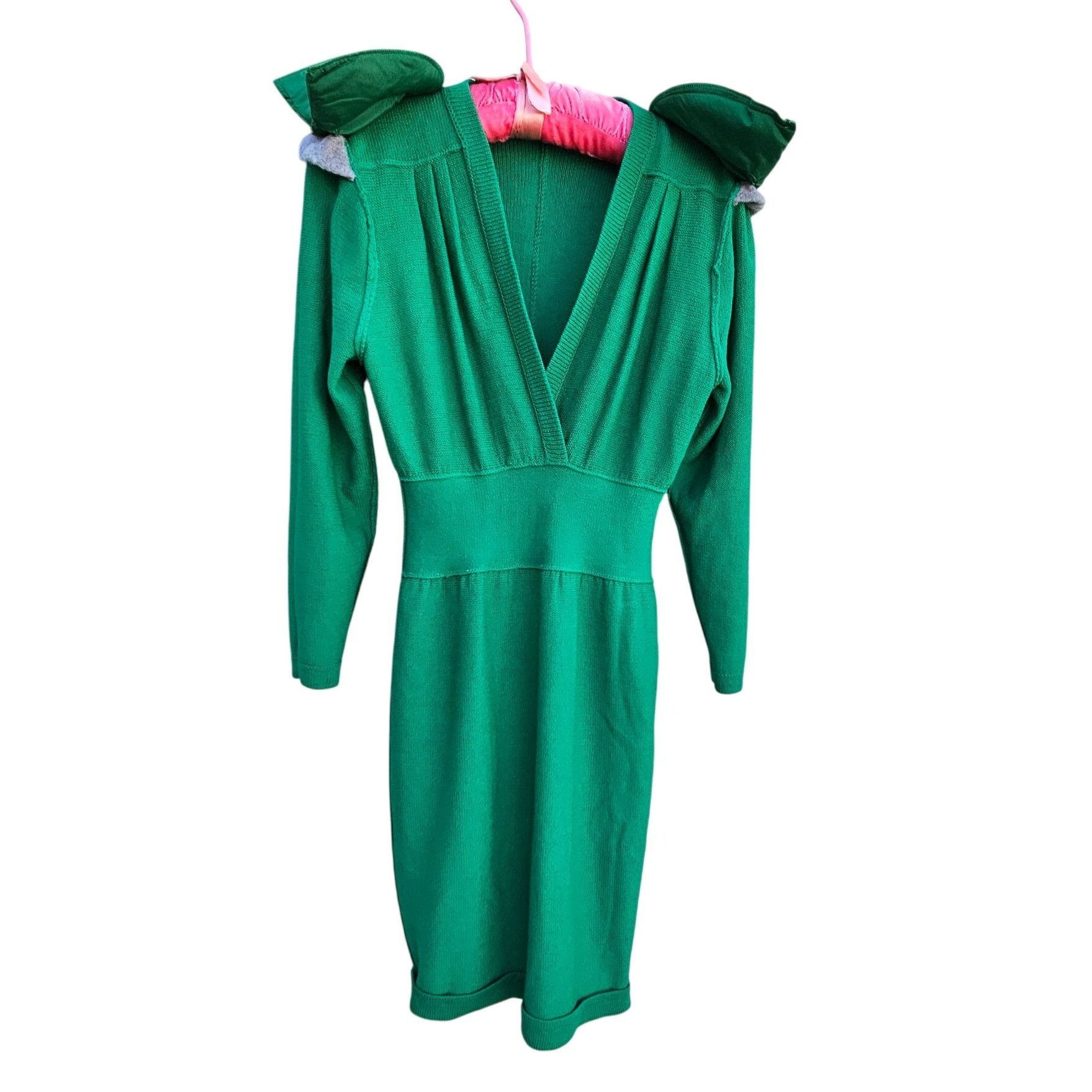 Vintage St John Kelly Green Knit Dress 80s Power Shoulders L